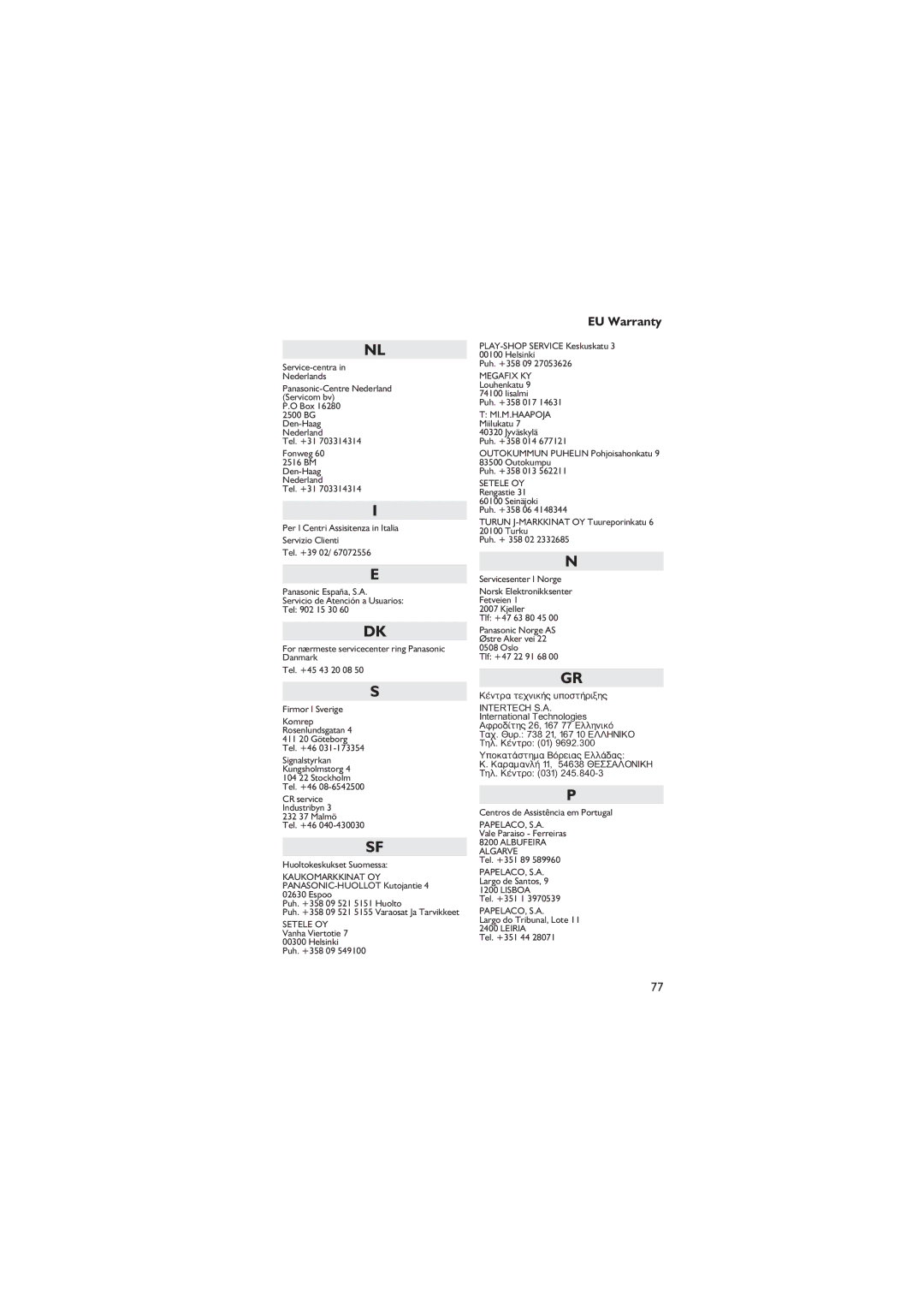 Panasonic EB-GD67 operating instructions Setele OY 