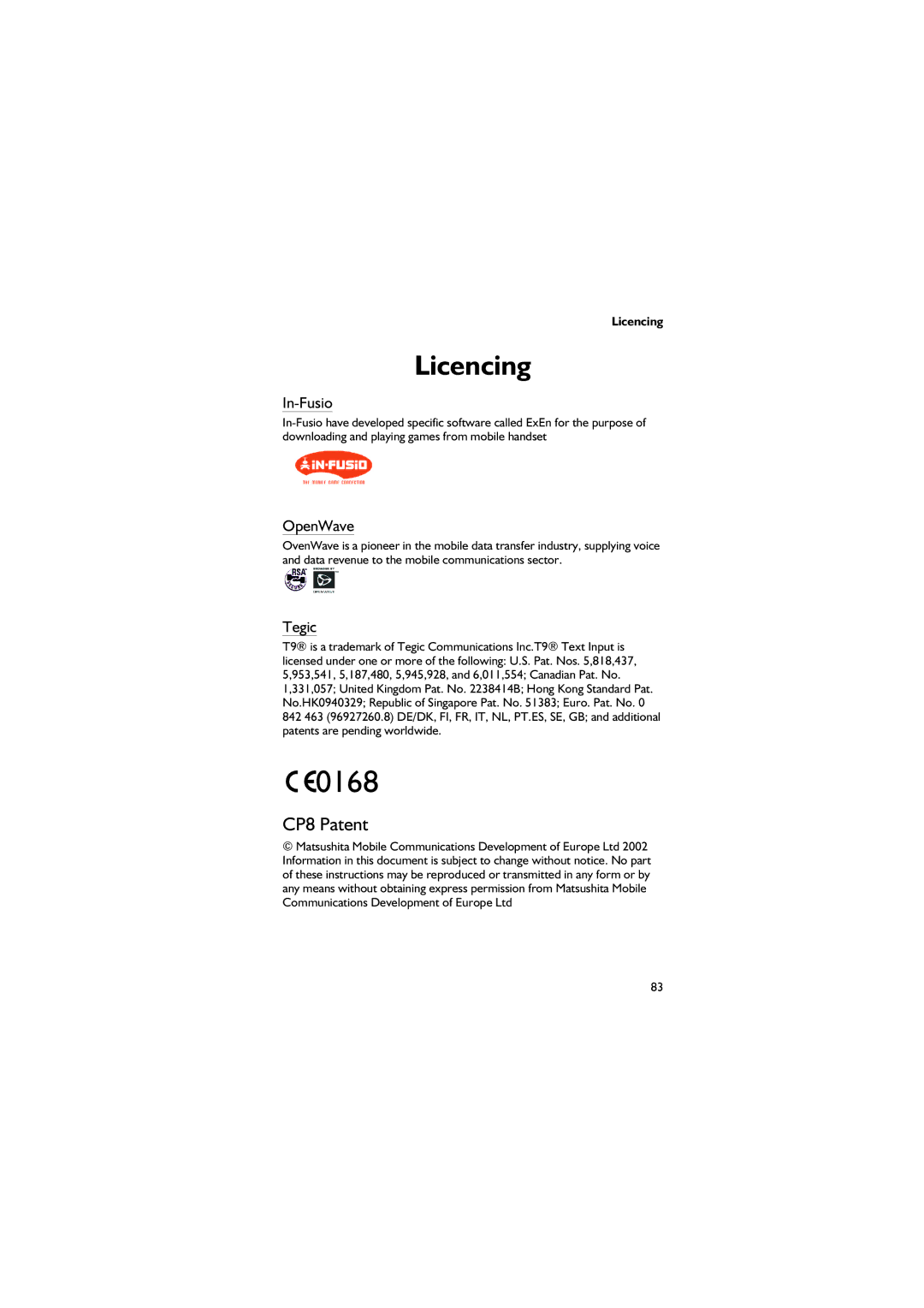 Panasonic EB-GD67 operating instructions Licencing, In-Fusio, OpenWave, Tegic 