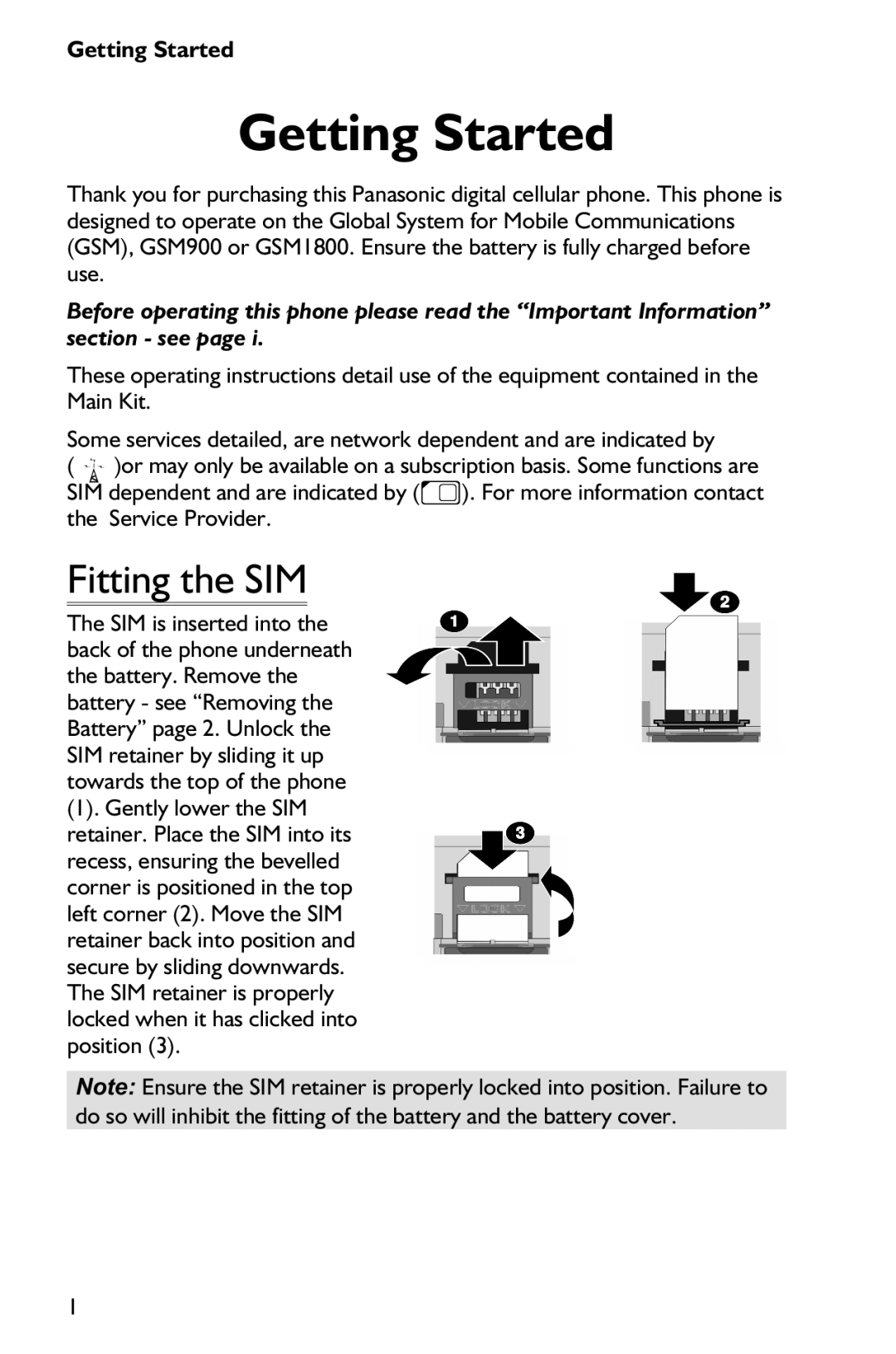 Panasonic EB-GD75 operating instructions Getting Started, Fitting the SIM 