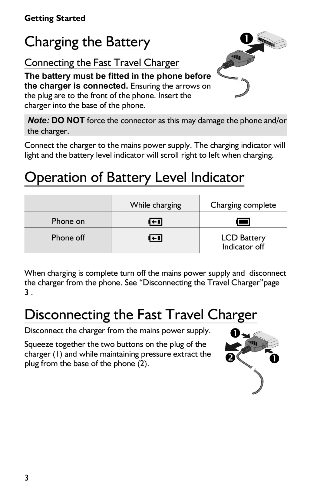 Panasonic EB-GD75 Charging the Battery, Operation of Battery Level Indicator, Disconnecting the Fast Travel Charger 