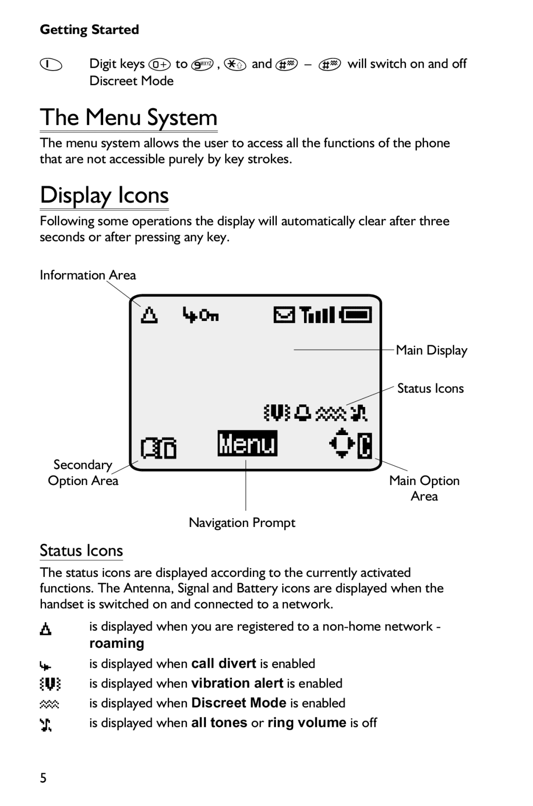 Panasonic EB-GD75 operating instructions Menu System, Display Icons, Status Icons 