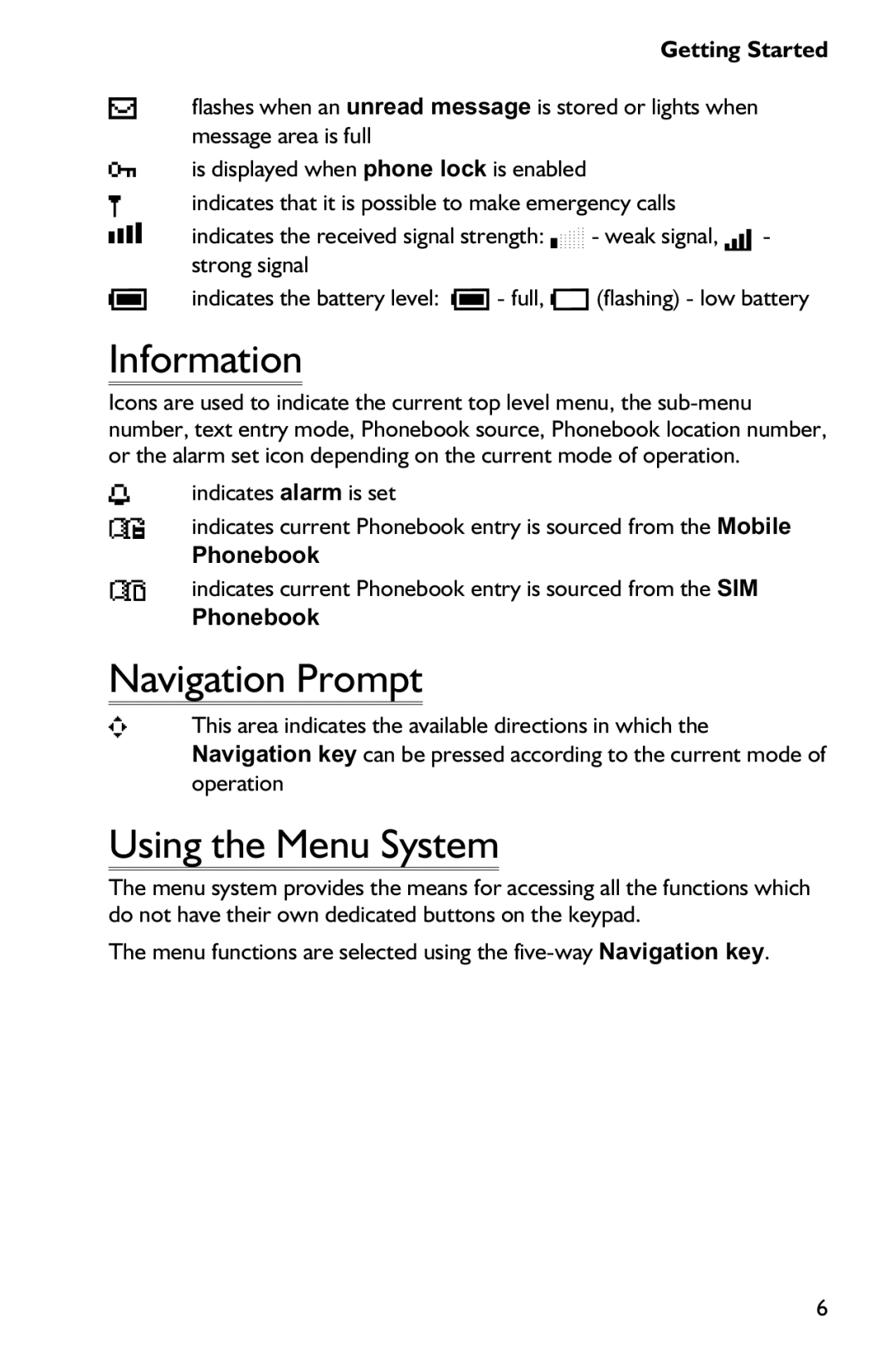 Panasonic EB-GD75 operating instructions Information, Navigation Prompt, Using the Menu System, Phonebook 