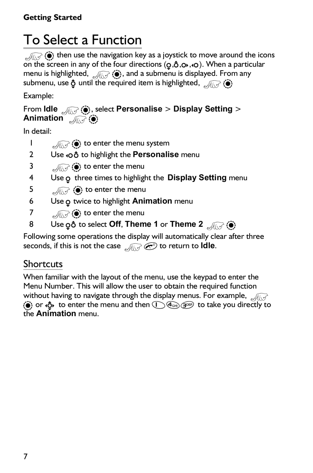 Panasonic EB-GD75 operating instructions To Select a Function, Shortcuts 