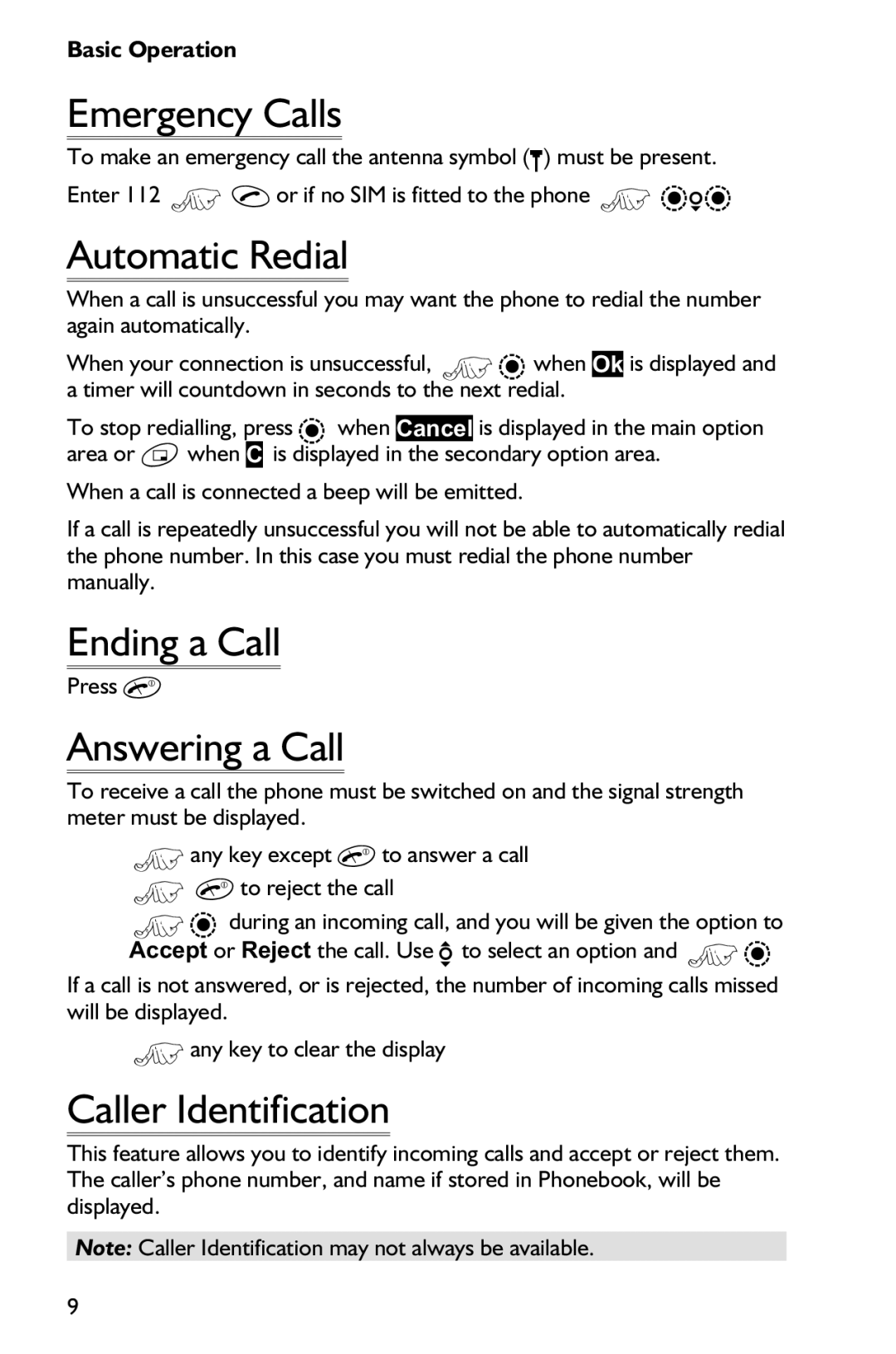 Panasonic EB-GD75 Emergency Calls, Automatic Redial, Ending a Call, Answering a Call, Caller Identification 