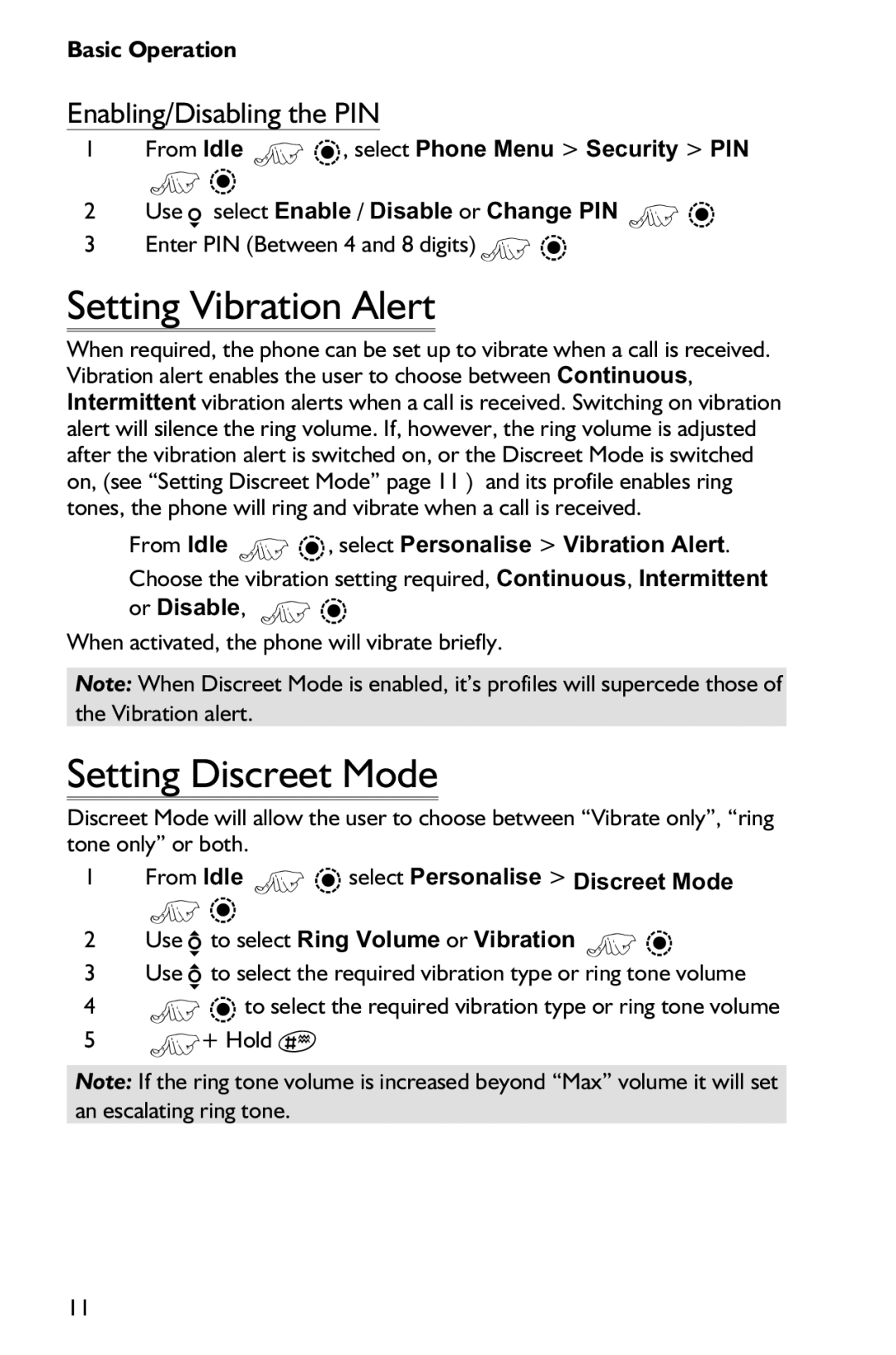 Panasonic EB-GD75 Setting Vibration Alert, Setting Discreet Mode, Enabling/Disabling the PIN, Or Disable, Z Q 