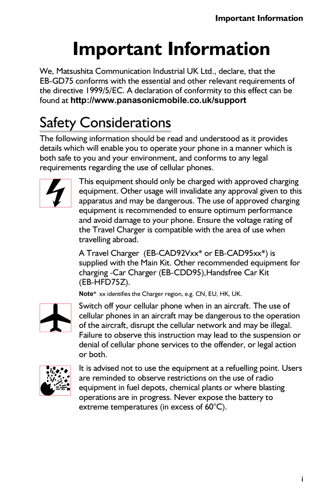 Panasonic EB-GD75 operating instructions Important Information, Safety Considerations 