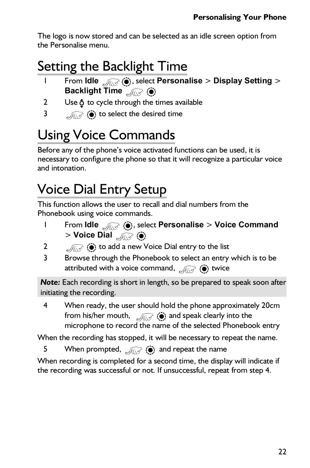 Panasonic EB-GD75 operating instructions Setting the Backlight Time, Using Voice Commands, Voice Dial Entry Setup 