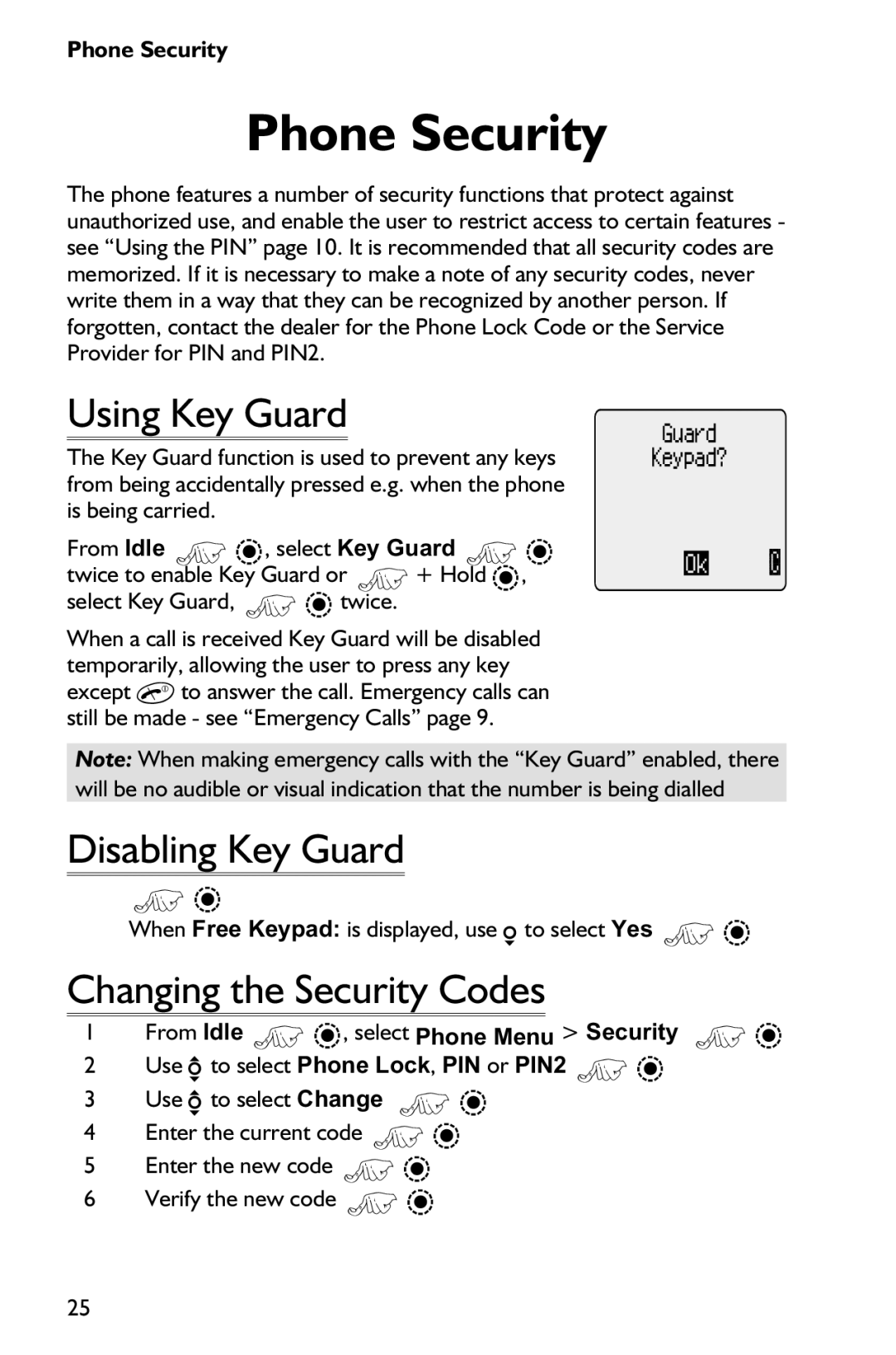 Panasonic EB-GD75 operating instructions Phone Security, Using Key Guard, Disabling Key Guard, Changing the Security Codes 