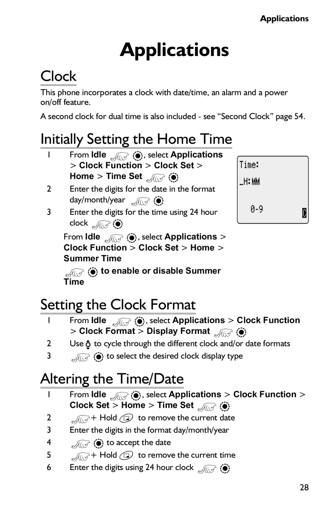 Panasonic EB-GD75 operating instructions Applications, Setting the Clock Format, Altering the Time/Date 