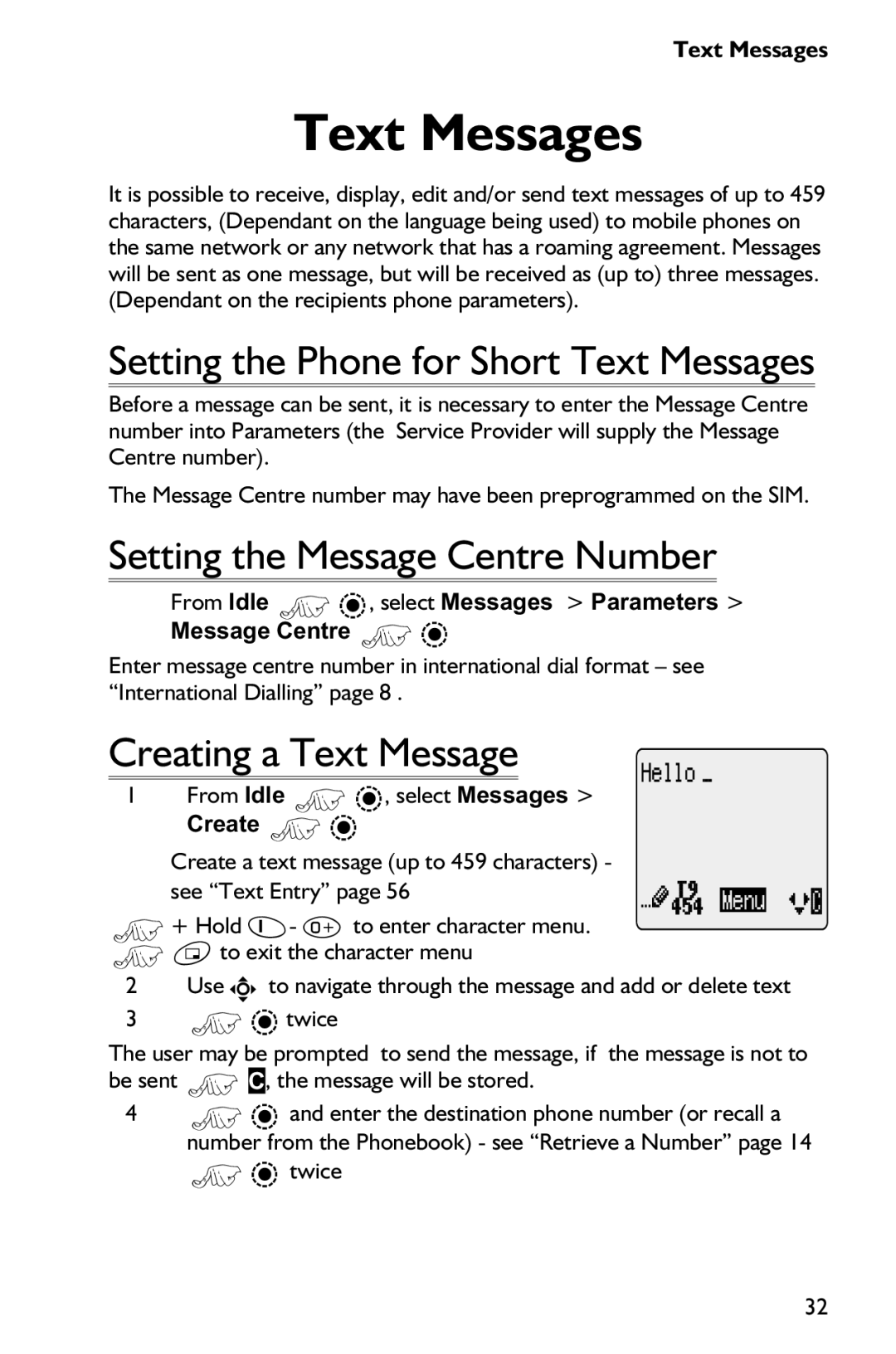 Panasonic EB-GD75 operating instructions Text Messages, Setting the Message Centre Number, Creating a Text Message 