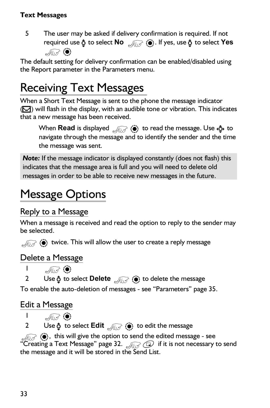 Panasonic EB-GD75 Receiving Text Messages, Message Options, Reply to a Message, Delete a Message, Edit a Message 