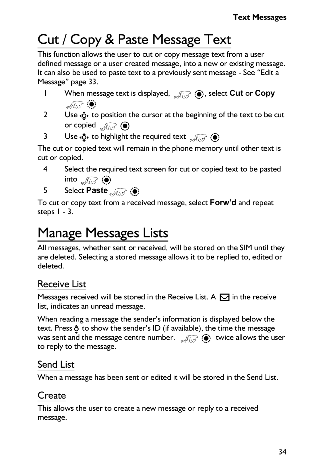 Panasonic EB-GD75 operating instructions Cut / Copy & Paste Message Text, Manage Messages Lists, Receive List, Send List 