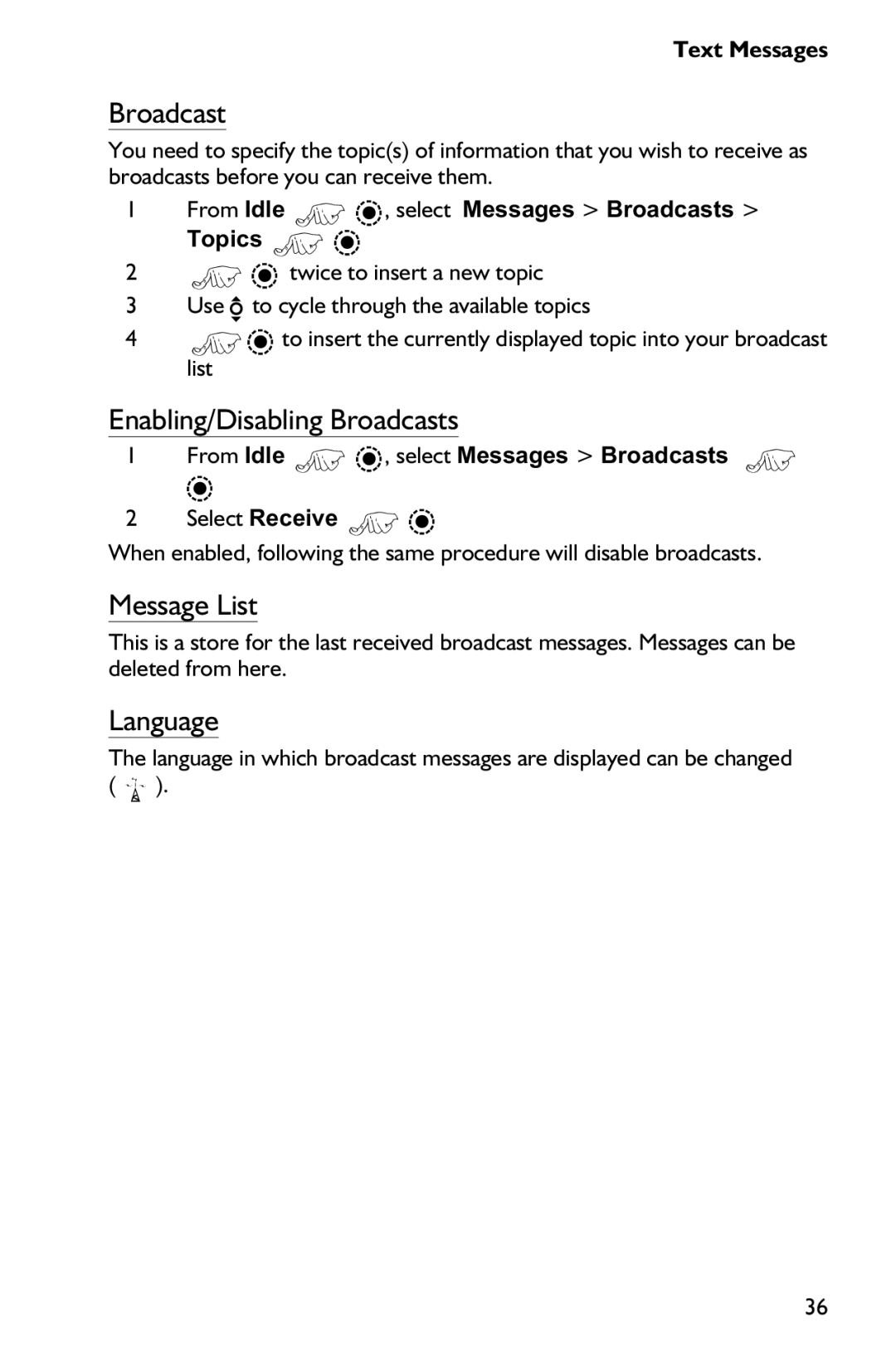 Panasonic EB-GD75 operating instructions Enabling/Disabling Broadcasts, Message List, Language 