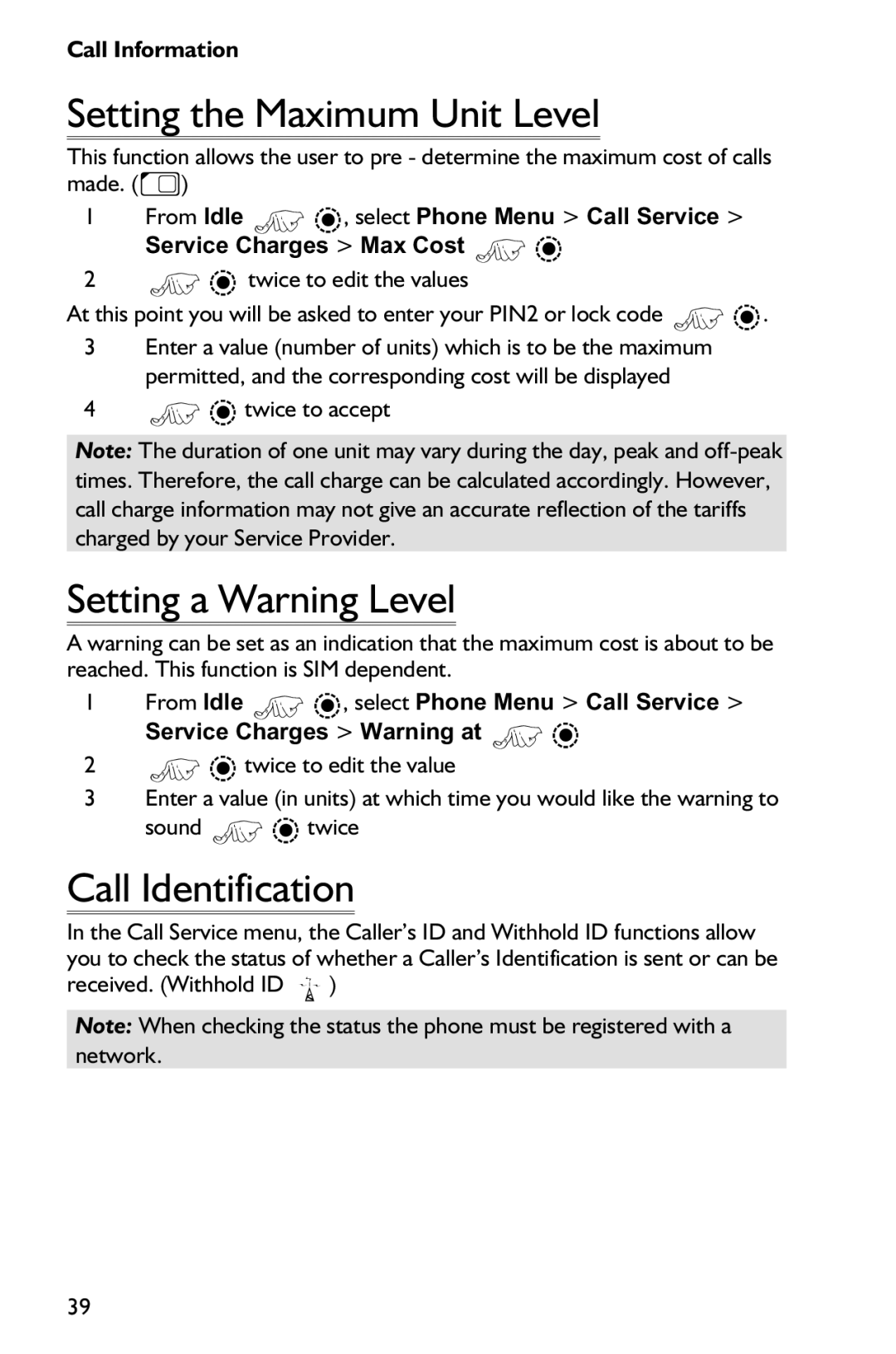 Panasonic EB-GD75 operating instructions Setting the Maximum Unit Level, Setting a Warning Level, Call Identification 