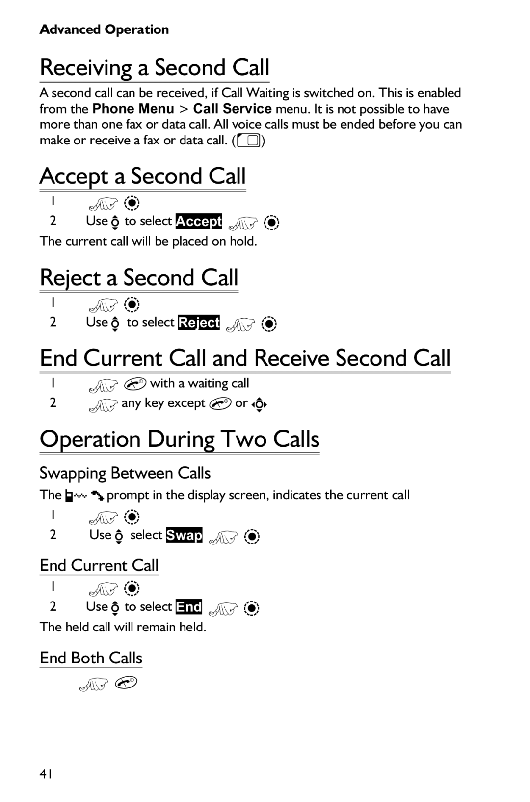 Panasonic EB-GD75 Receiving a Second Call, Accept a Second Call, Reject a Second Call, Operation During Two Calls 