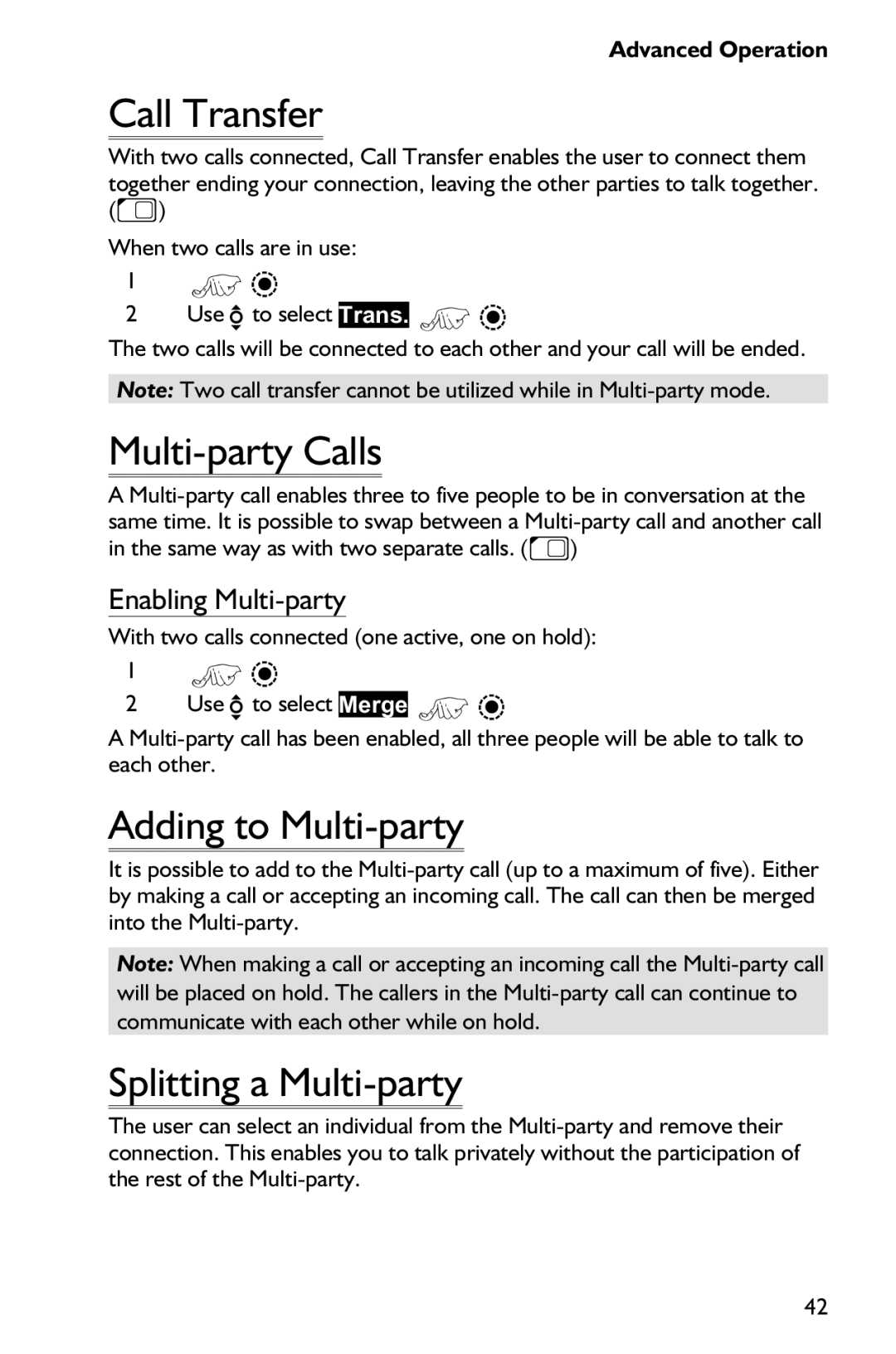 Panasonic EB-GD75 Call Transfer, Multi-party Calls, Adding to Multi-party, Splitting a Multi-party, Enabling Multi-party 