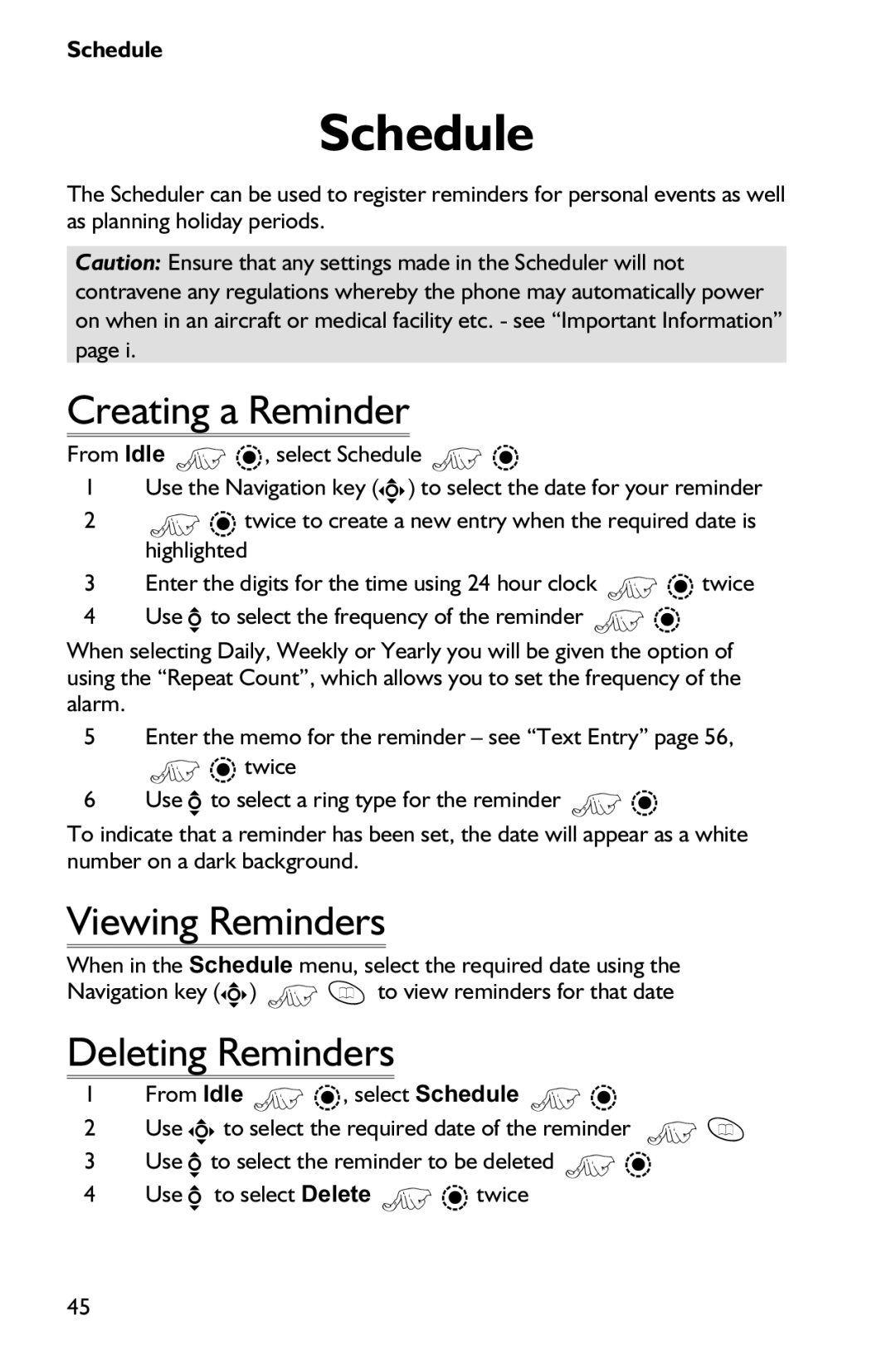 Panasonic EB-GD75 operating instructions Schedule, Creating a Reminder, Viewing Reminders, Deleting Reminders 