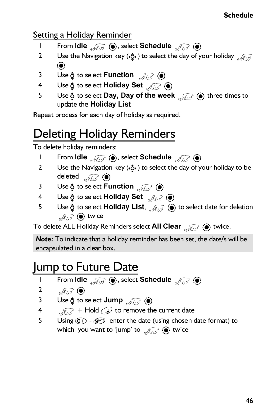 Panasonic EB-GD75 operating instructions Deleting Holiday Reminders, Jump to Future Date, Setting a Holiday Reminder 