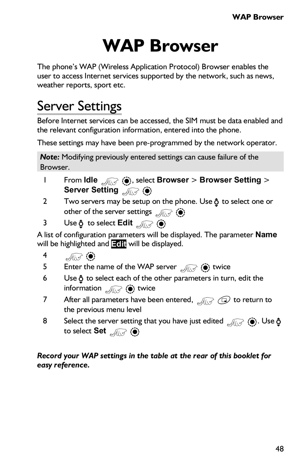 Panasonic EB-GD75 operating instructions WAP Browser, Server Settings 