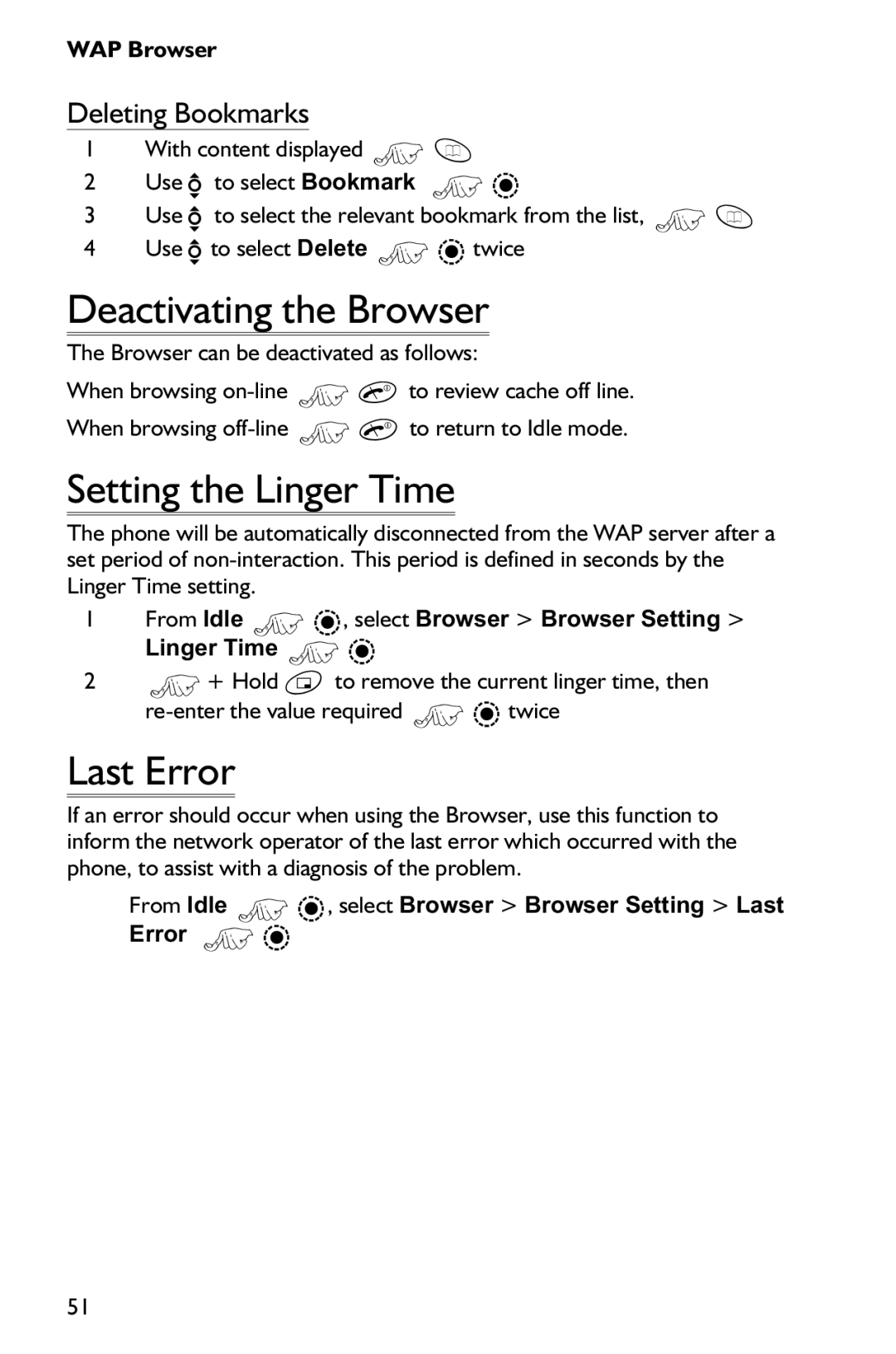 Panasonic EB-GD75 operating instructions Deactivating the Browser, Setting the Linger Time, Last Error, Deleting Bookmarks 