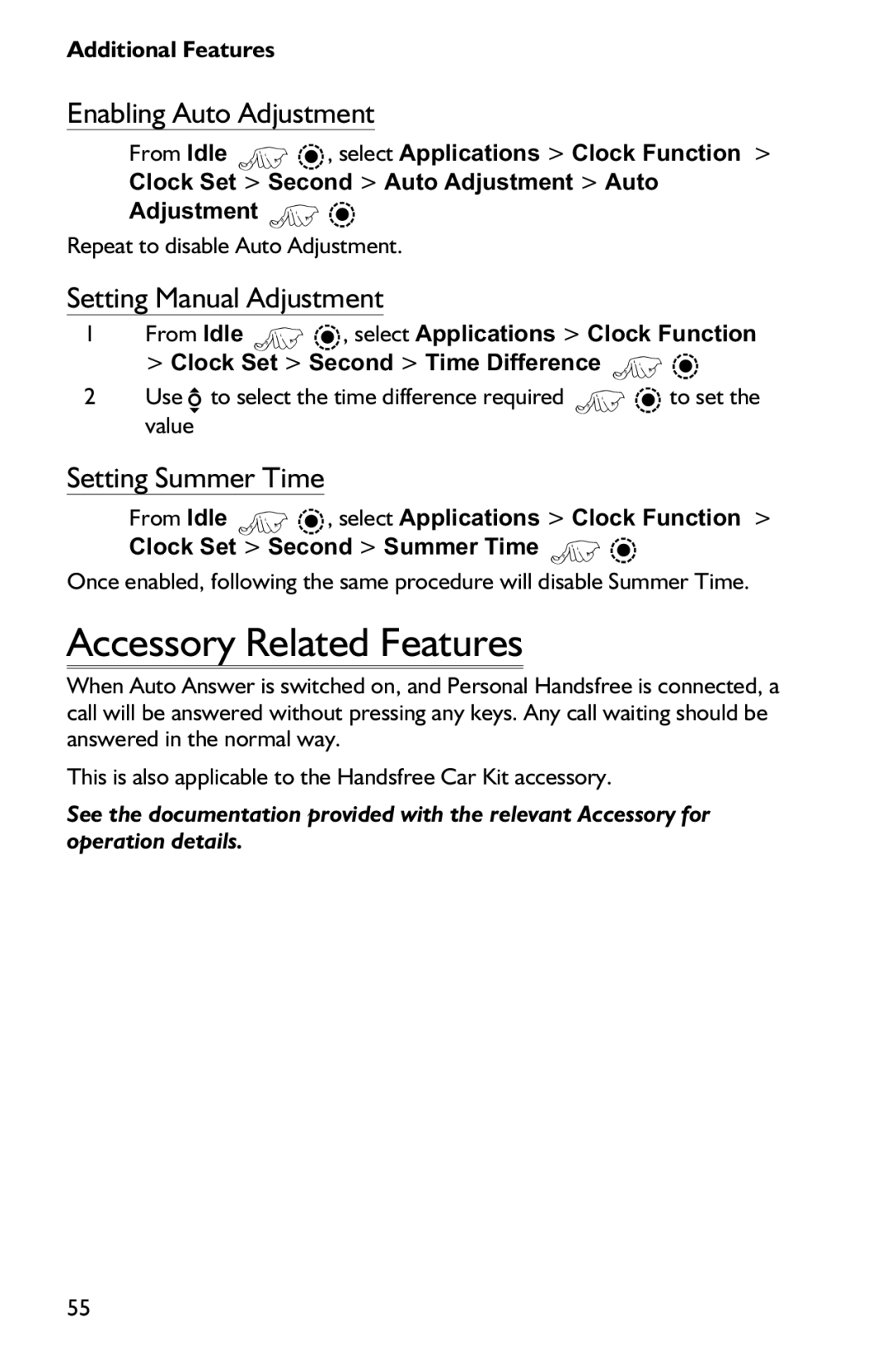 Panasonic EB-GD75 Accessory Related Features, Enabling Auto Adjustment, Setting Manual Adjustment, Setting Summer Time 