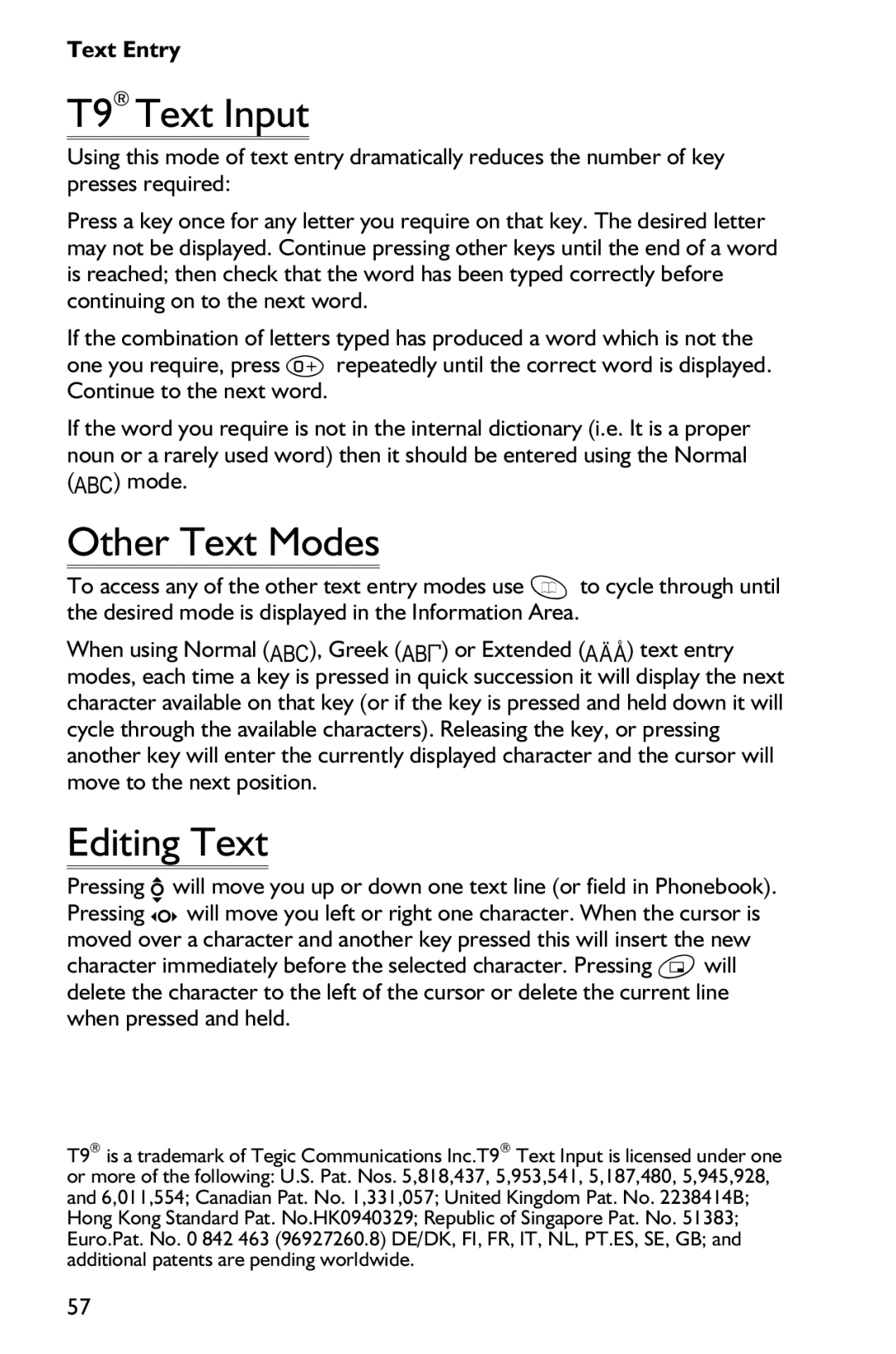 Panasonic EB-GD75 operating instructions T9 Text Input, Other Text Modes, Editing Text 