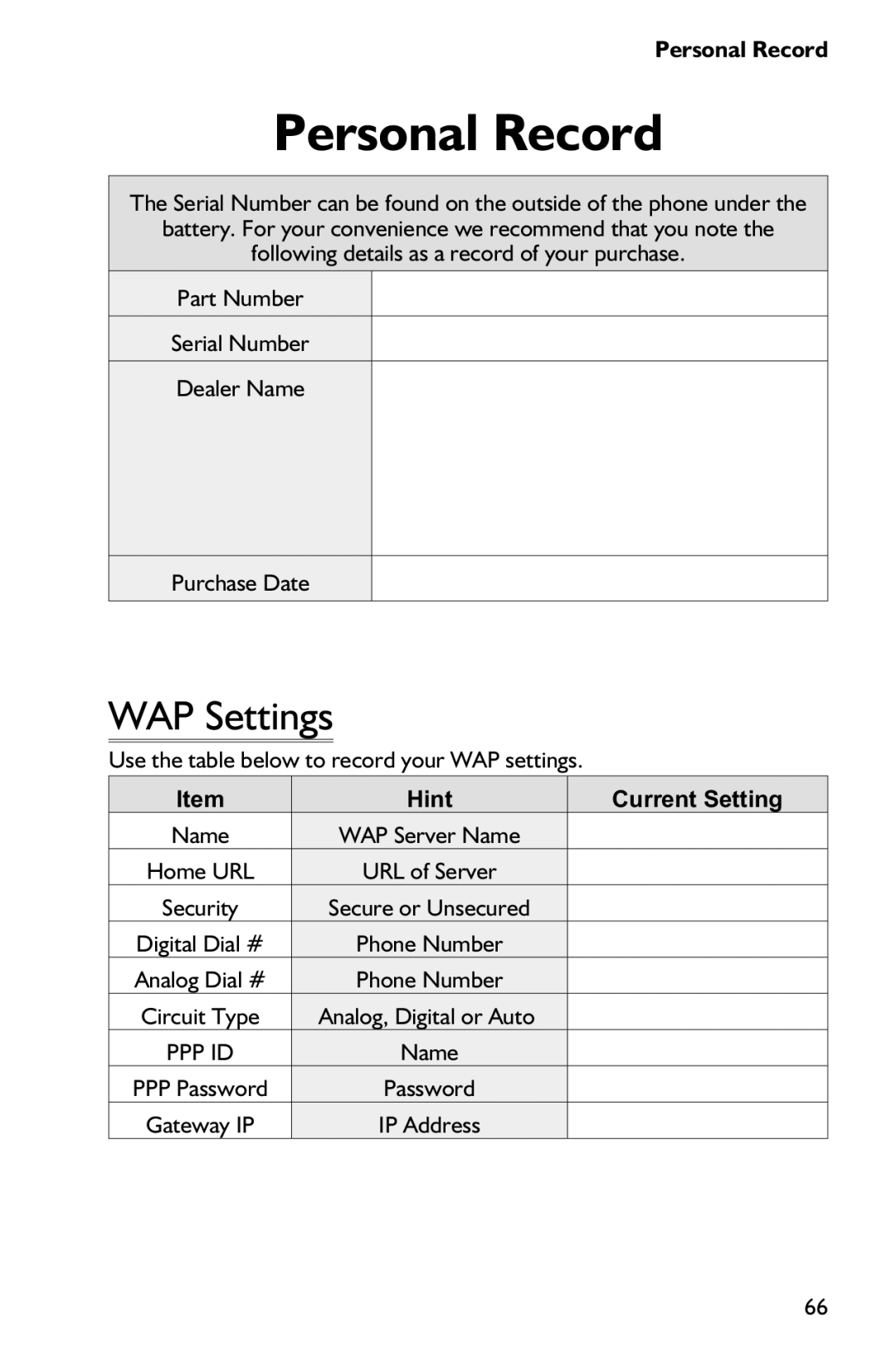 Panasonic EB-GD75 operating instructions Personal Record, WAP Settings, Hint Current Setting 