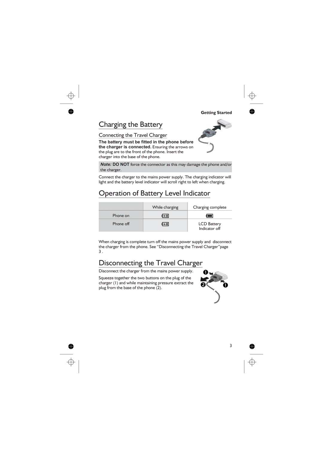 Panasonic EB-GD76 Charging the Battery, Operation of Battery Level Indicator, Disconnecting the Travel Charger 