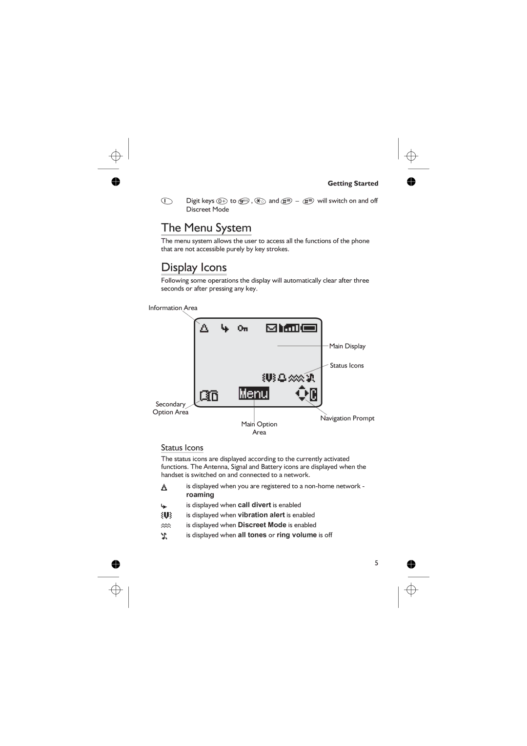 Panasonic EB-GD76 operating instructions Menu System, Display Icons, Status Icons 