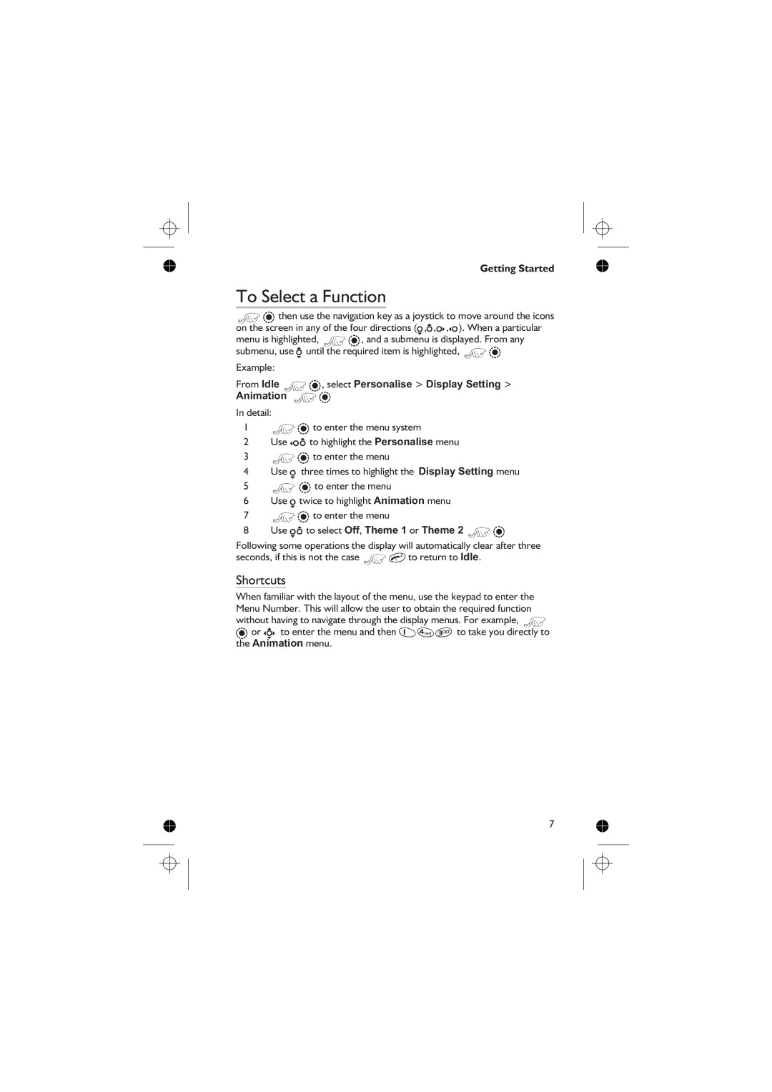 Panasonic EB-GD76 operating instructions To Select a Function, Shortcuts 