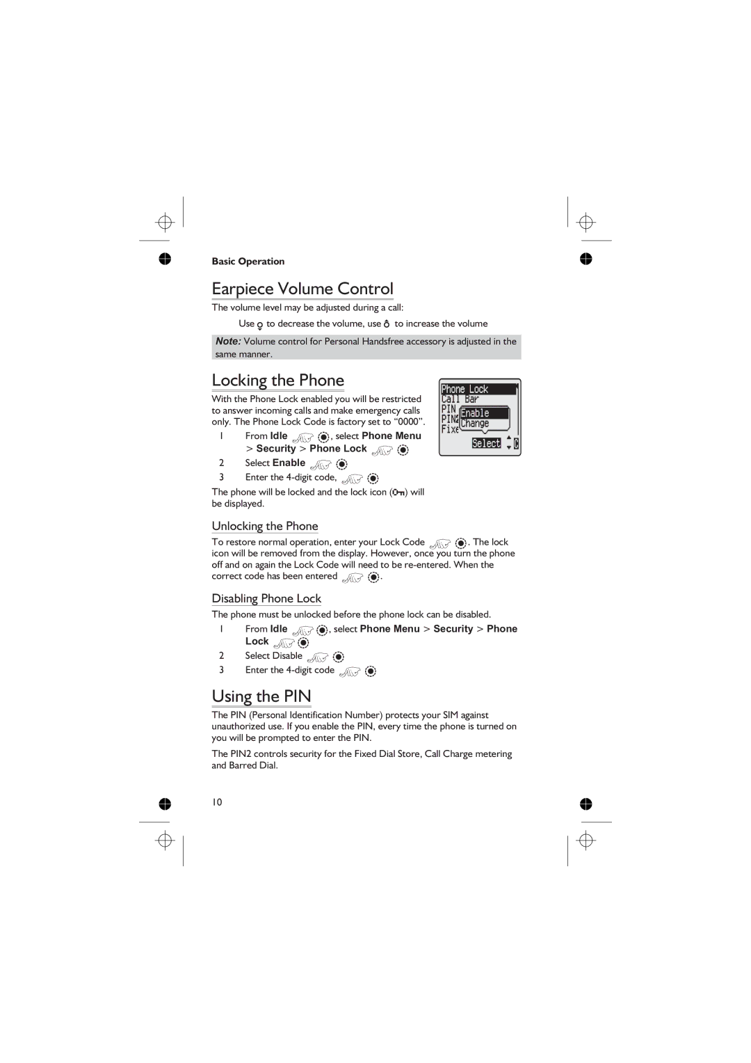 Panasonic EB-GD76 Earpiece Volume Control, Locking the Phone, Using the PIN, Unlocking the Phone, Disabling Phone Lock 