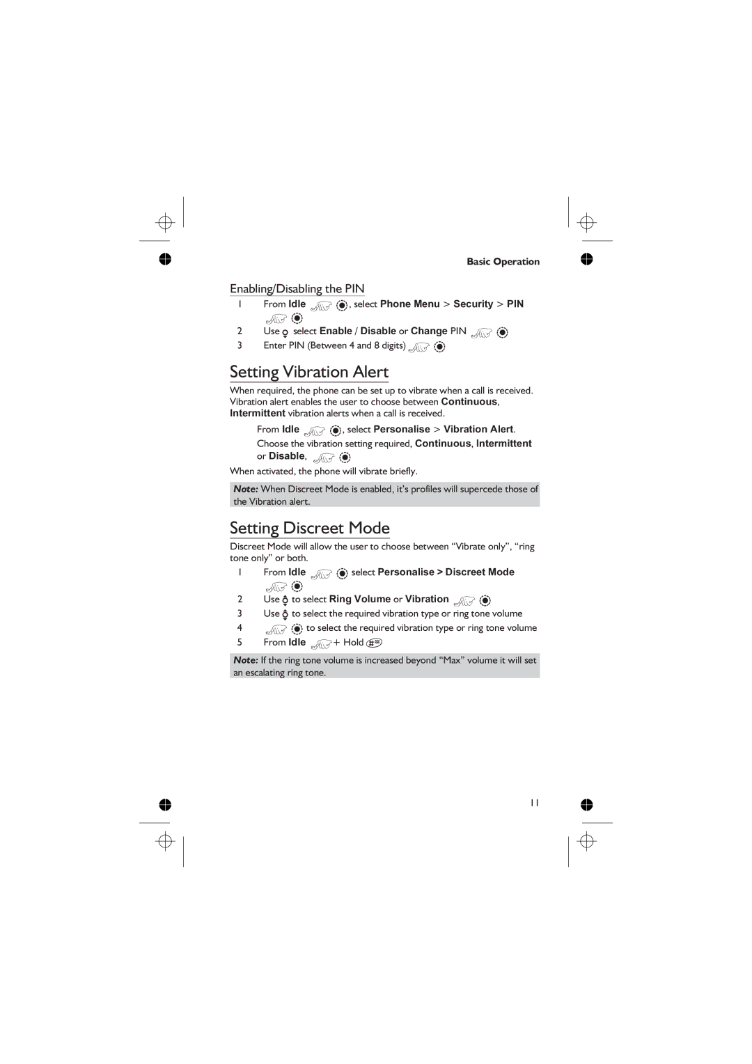 Panasonic EB-GD76 Setting Vibration Alert, Setting Discreet Mode, Enabling/Disabling the PIN, Or Disable, Z Q 