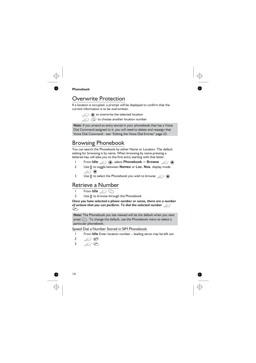 Panasonic EB-GD76 Overwrite Protection, Browsing Phonebook, Retrieve a Number, From Idle Z Q, select Phonebook Browse Z Q 