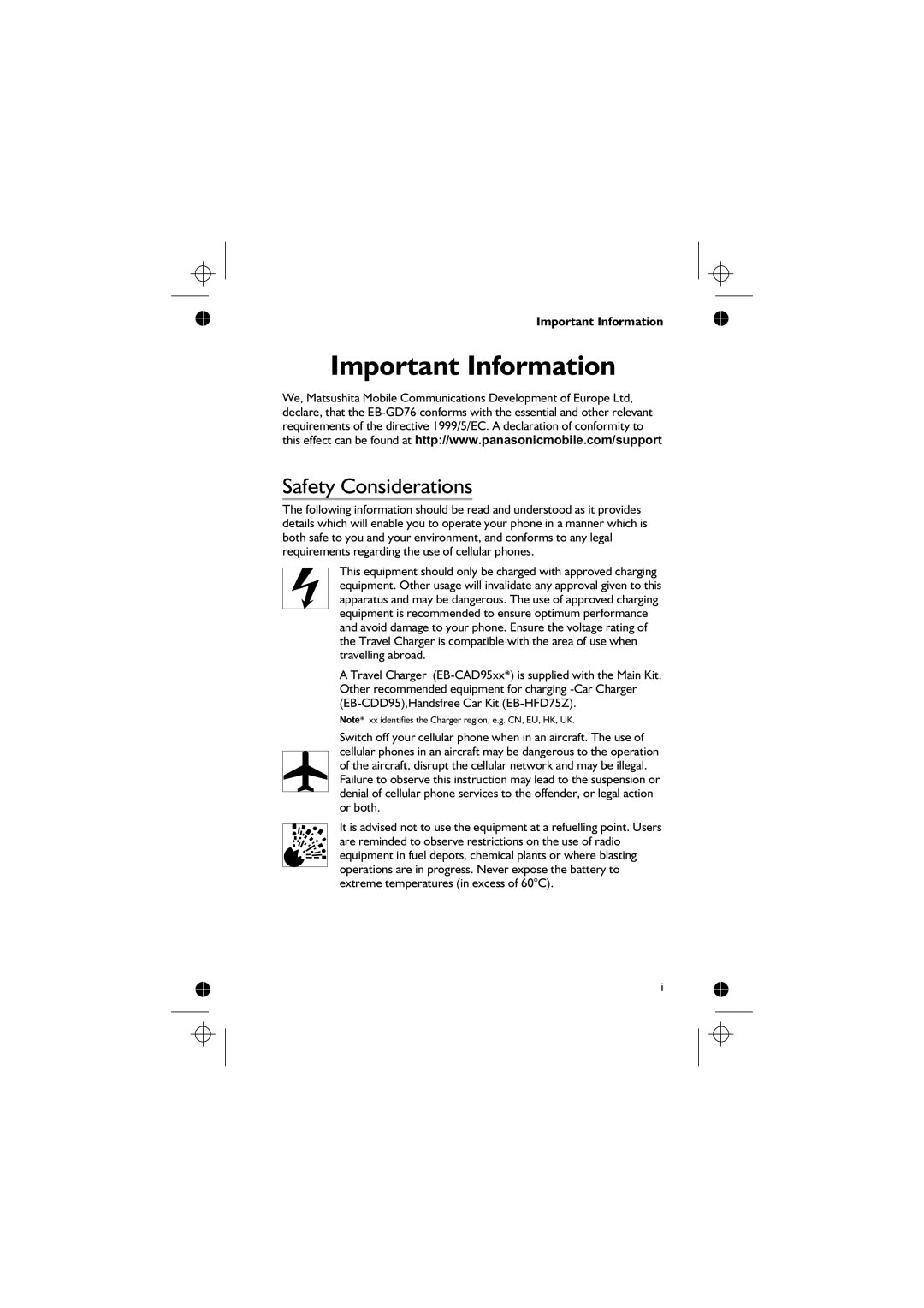 Panasonic EB-GD76 operating instructions Important Information, Safety Considerations 