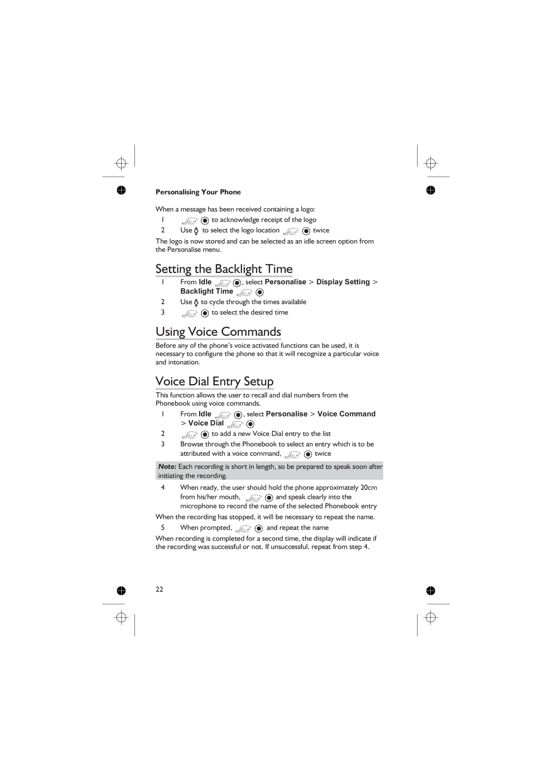 Panasonic EB-GD76 operating instructions Setting the Backlight Time, Using Voice Commands, Voice Dial Entry Setup 