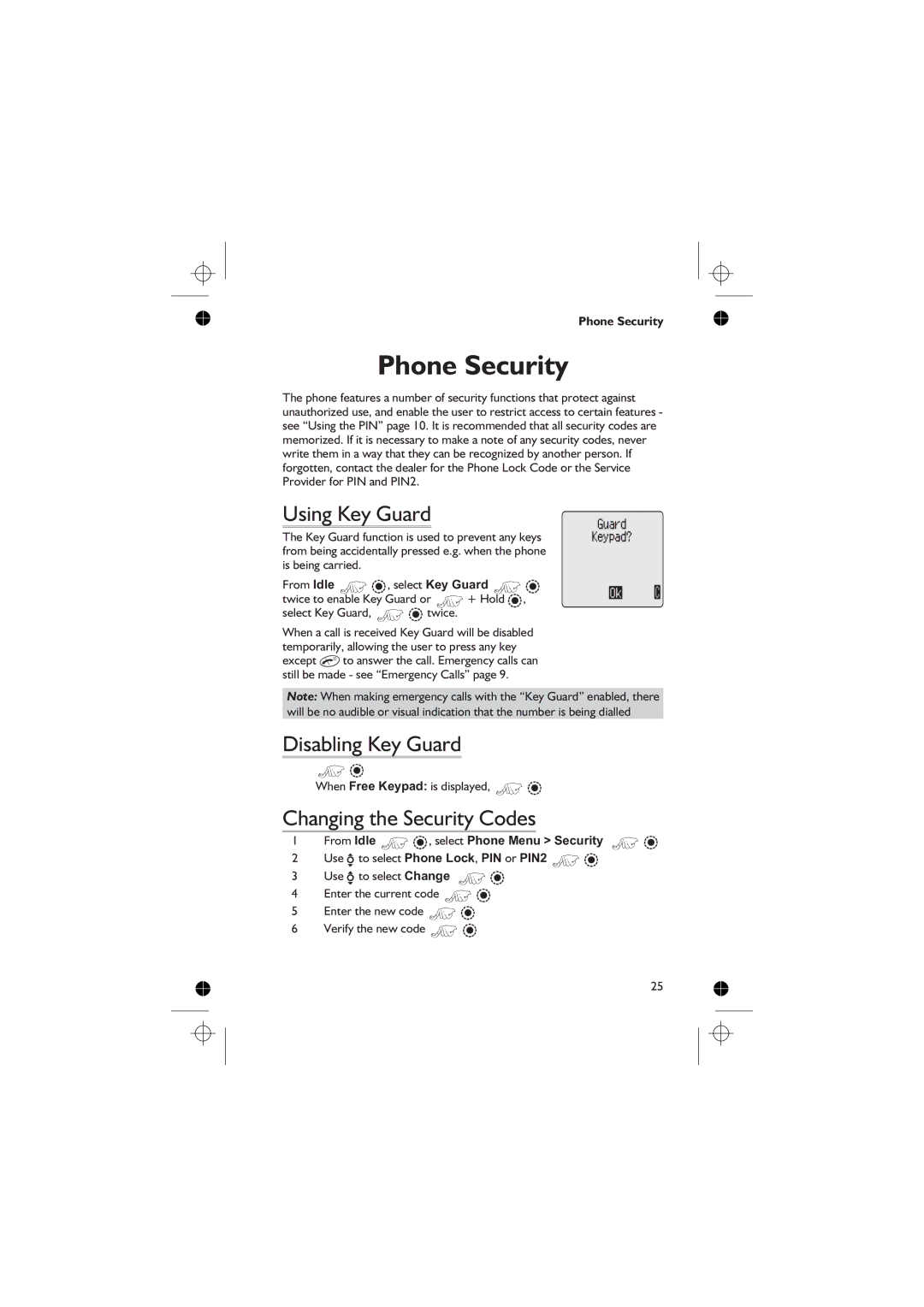 Panasonic EB-GD76 operating instructions Phone Security, Using Key Guard, Disabling Key Guard, Changing the Security Codes 