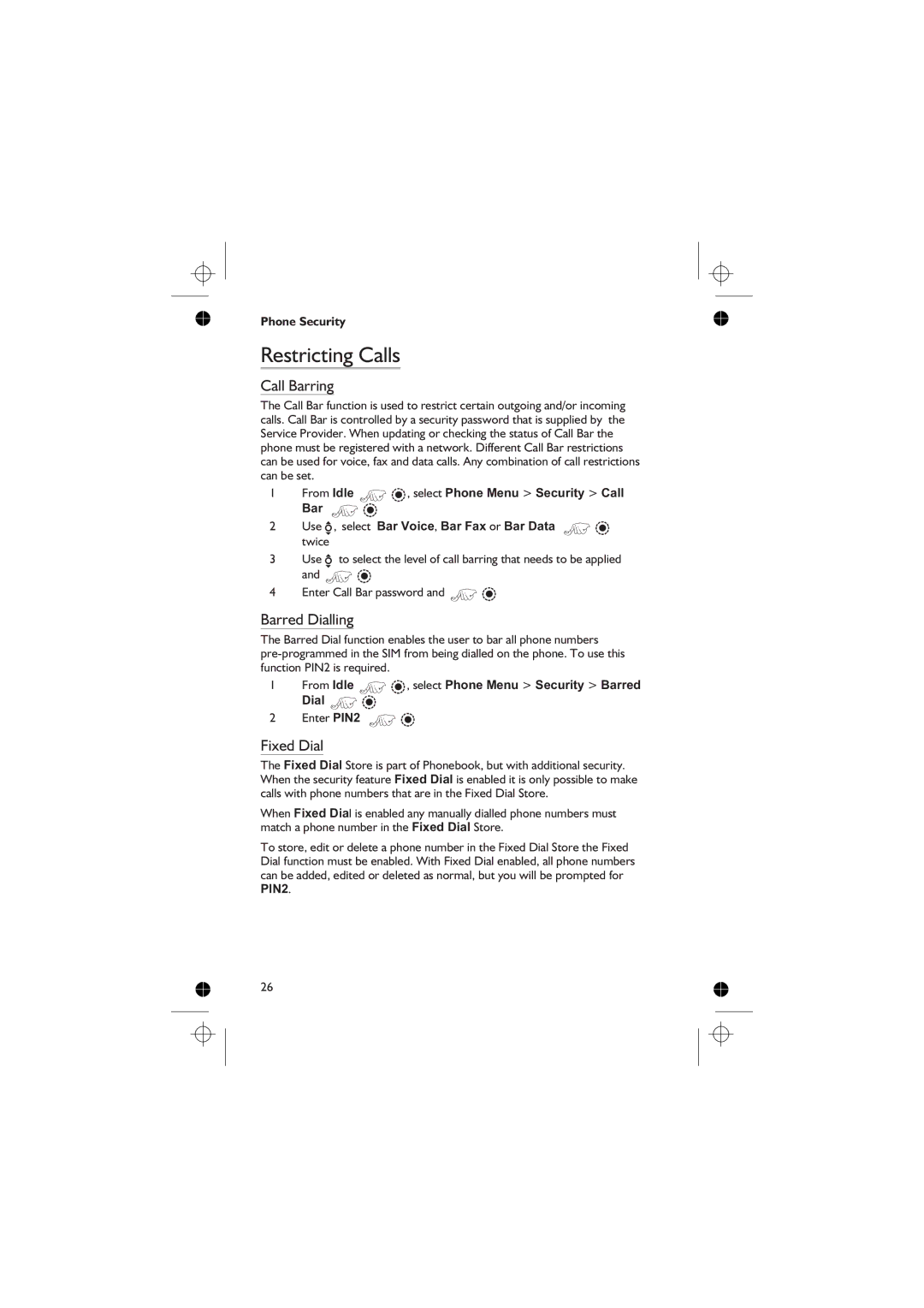 Panasonic EB-GD76 operating instructions Restricting Calls, Call Barring, Barred Dialling, Fixed Dial 