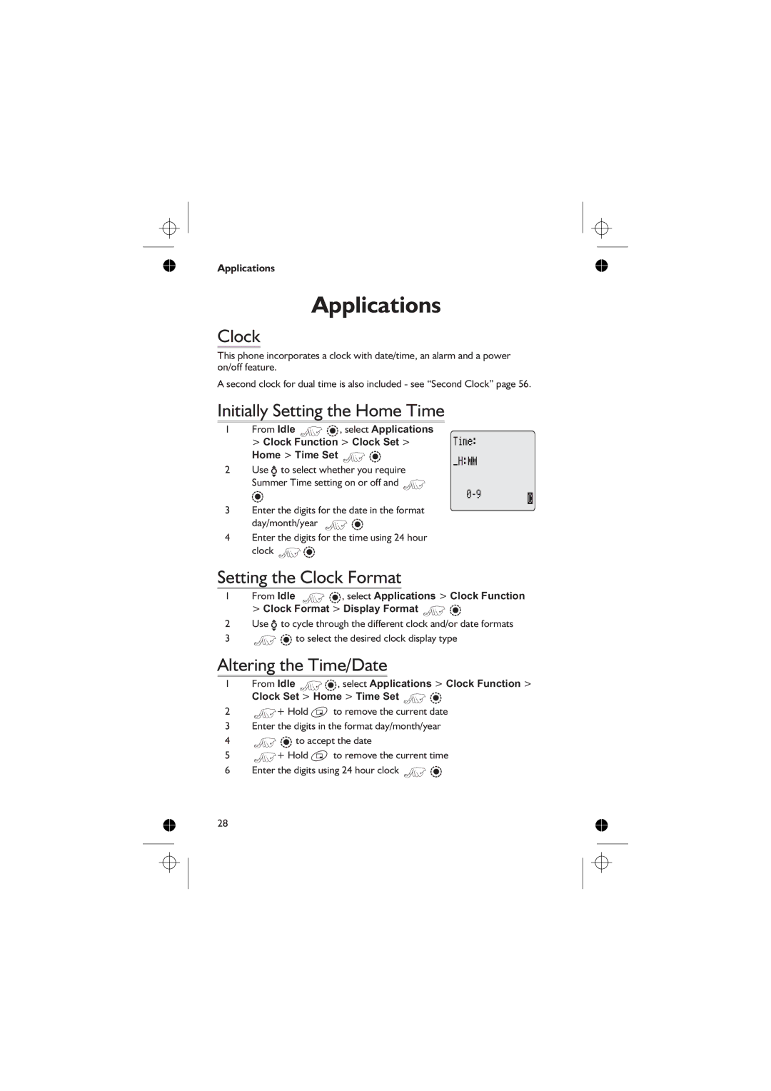 Panasonic EB-GD76 operating instructions Applications, Setting the Clock Format, Altering the Time/Date 