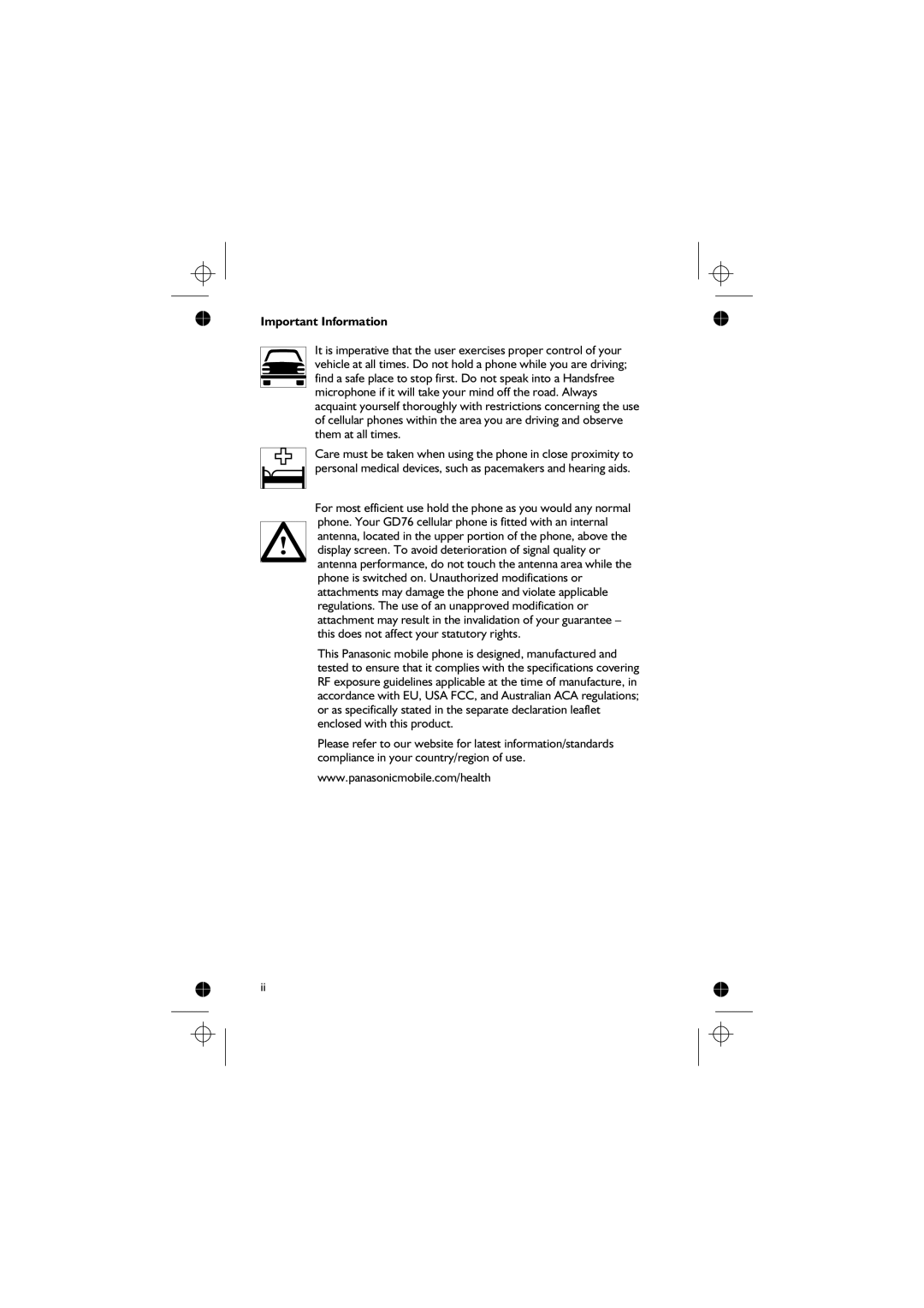 Panasonic EB-GD76 operating instructions Important Information 