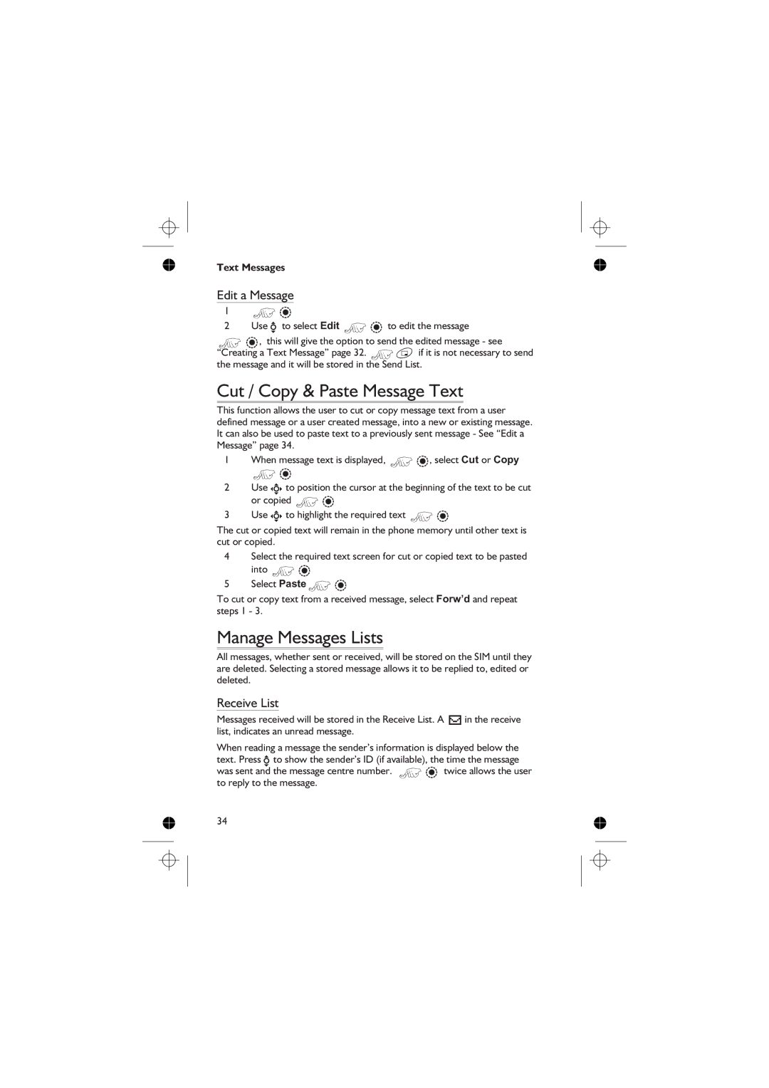 Panasonic EB-GD76 Cut / Copy & Paste Message Text, Manage Messages Lists, Edit a Message, Receive List 