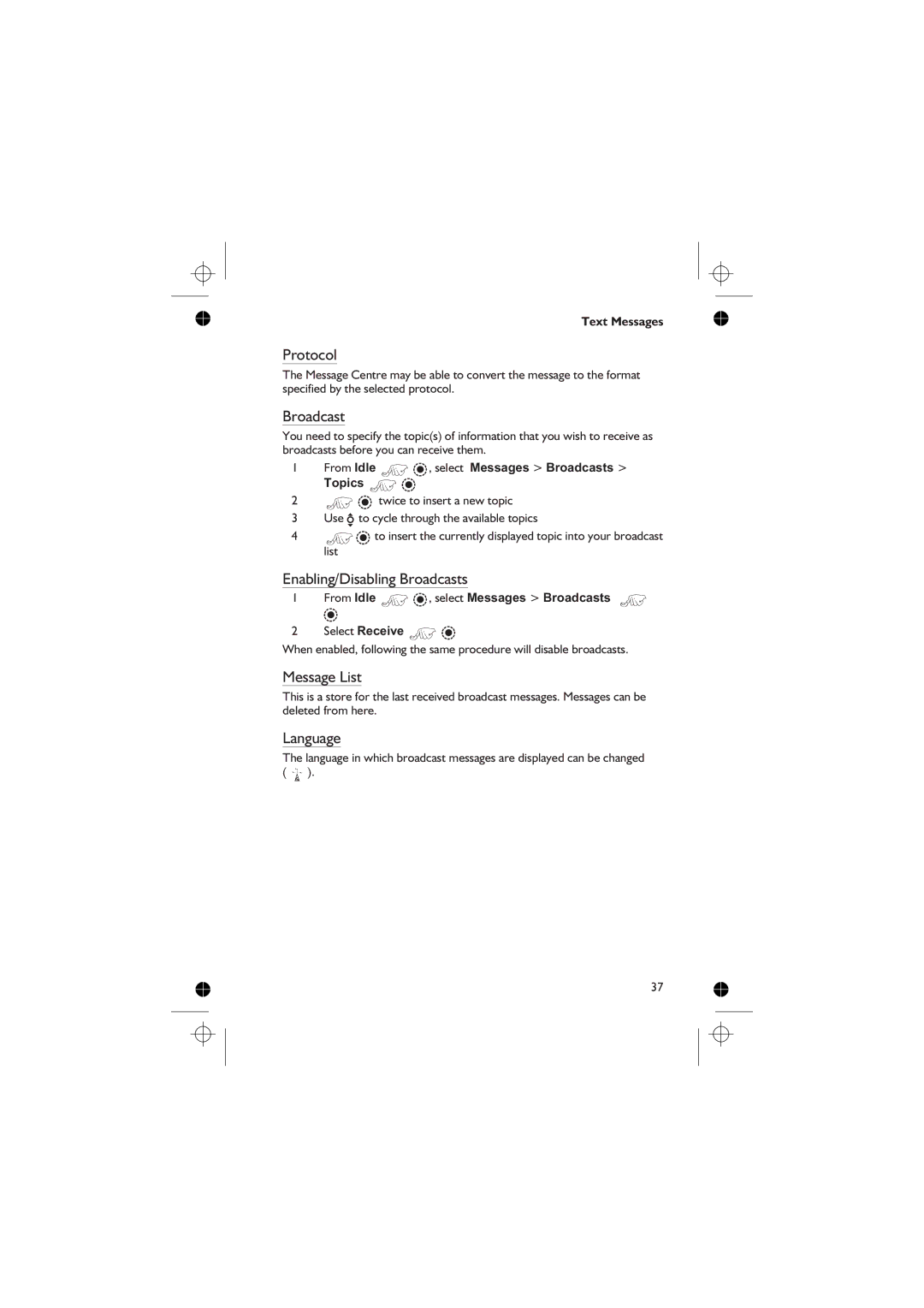 Panasonic EB-GD76 operating instructions Protocol, Enabling/Disabling Broadcasts, Message List, Language 