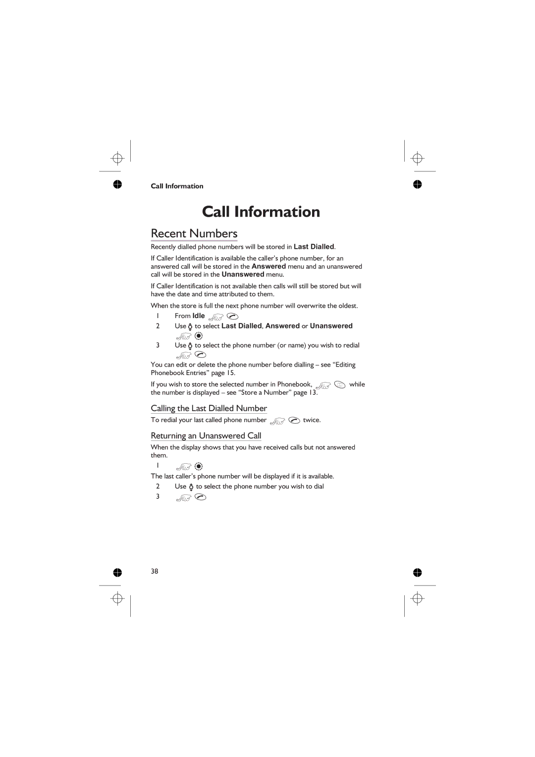 Panasonic EB-GD76 Call Information, Recent Numbers, Calling the Last Dialled Number, Returning an Unanswered Call 