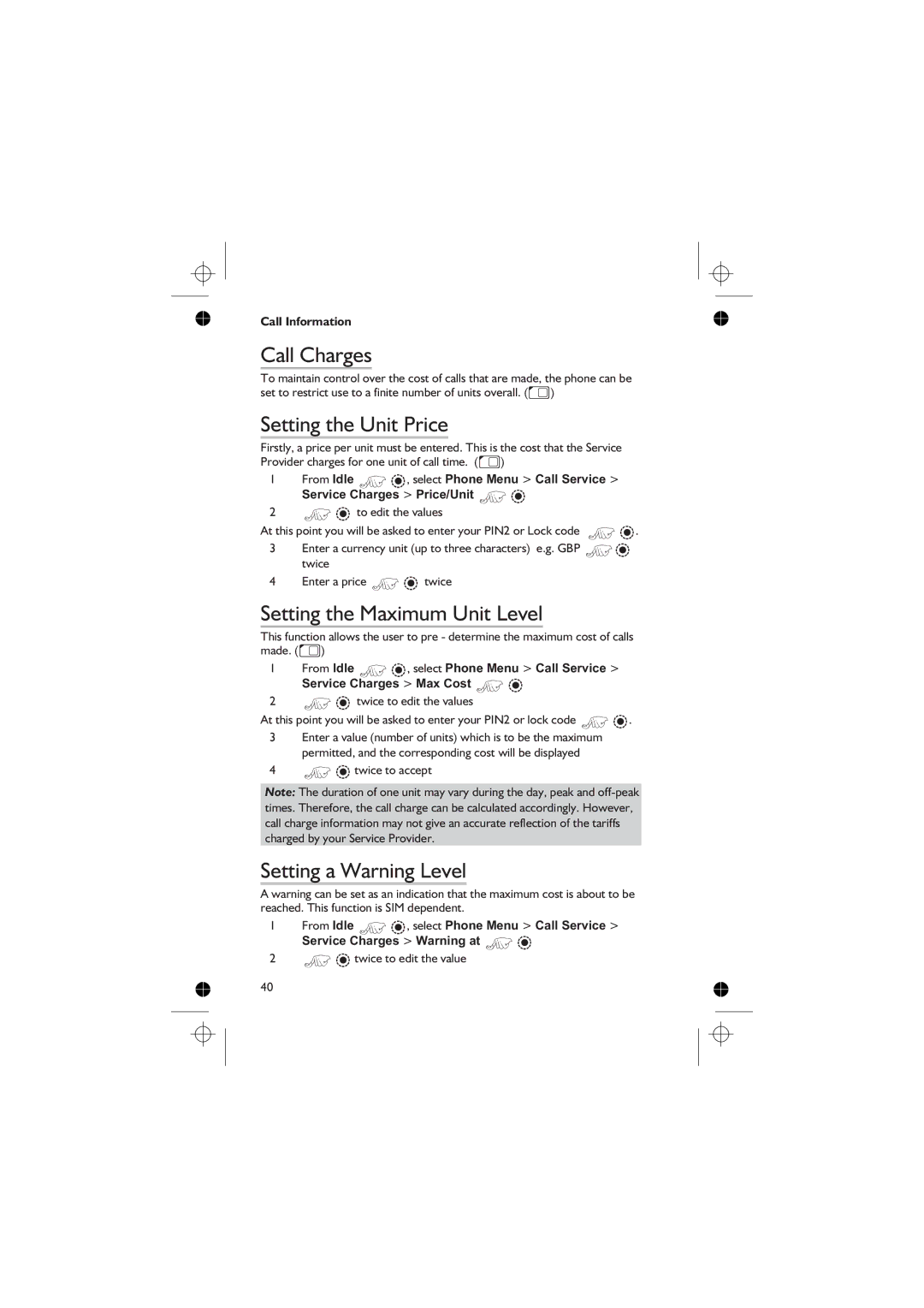 Panasonic EB-GD76 Call Charges, Setting the Unit Price, Setting the Maximum Unit Level, Setting a Warning Level 