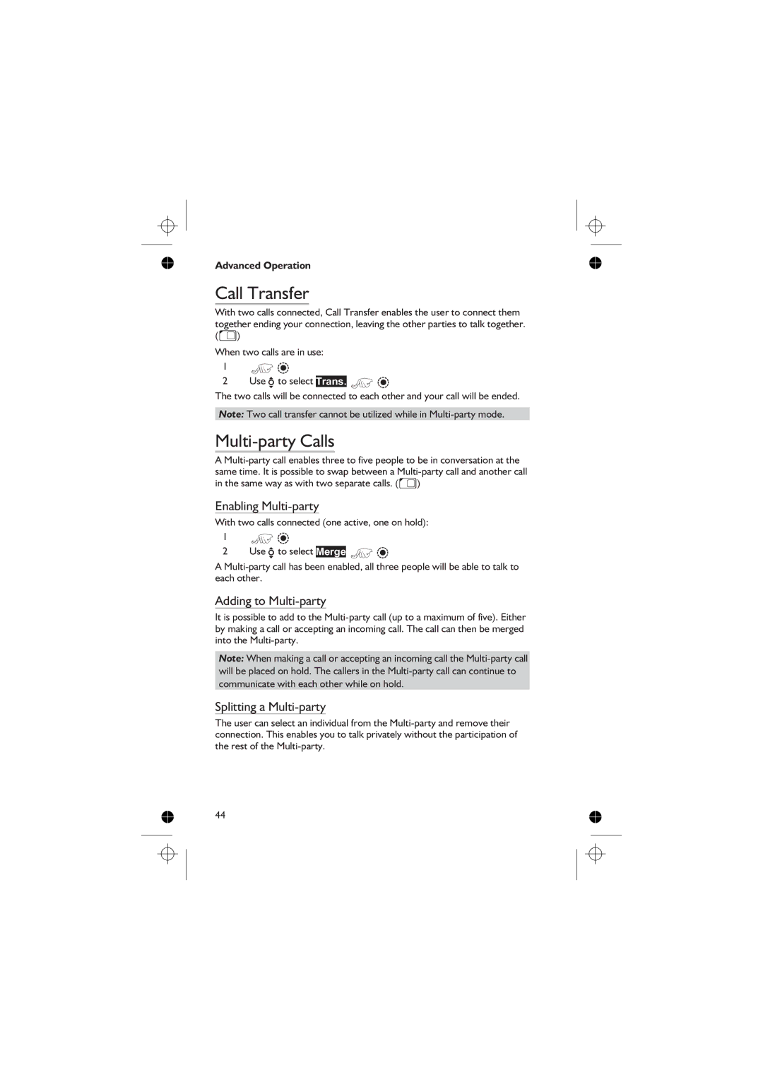 Panasonic EB-GD76 Call Transfer, Multi-party Calls, Enabling Multi-party, Adding to Multi-party, Splitting a Multi-party 