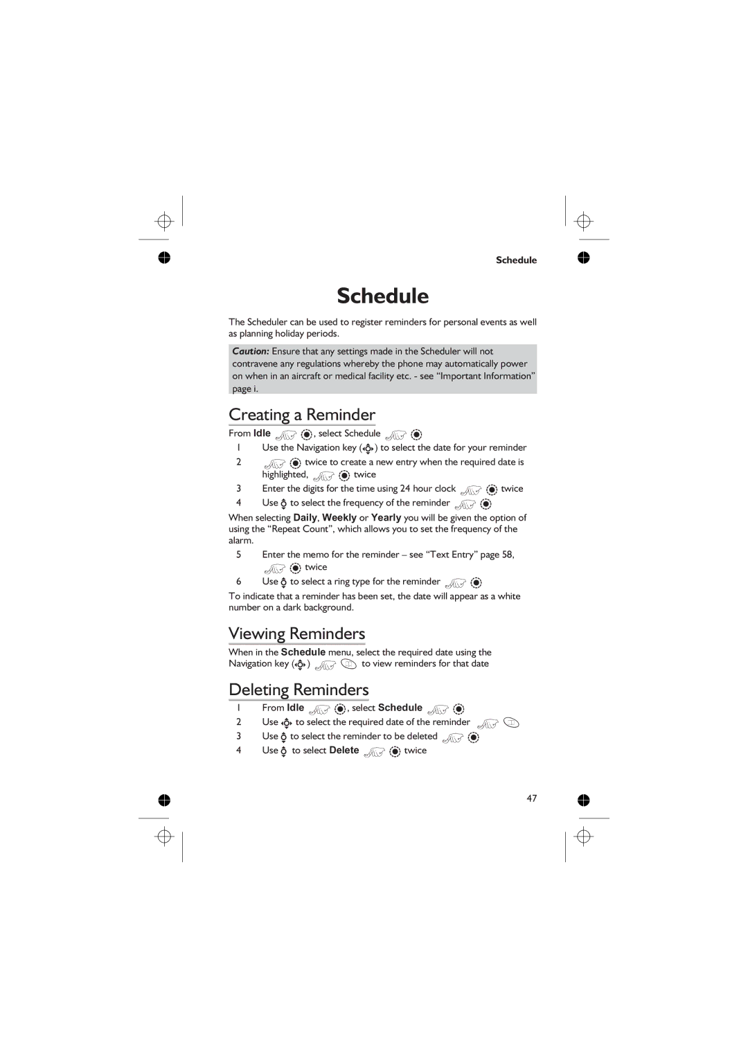 Panasonic EB-GD76 operating instructions Schedule, Creating a Reminder, Viewing Reminders, Deleting Reminders 