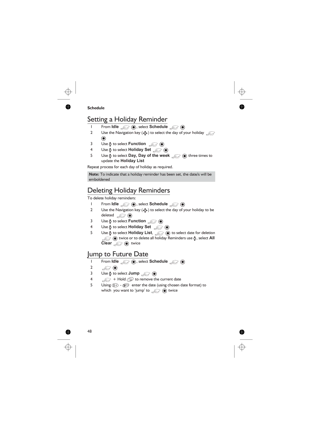 Panasonic EB-GD76 operating instructions Setting a Holiday Reminder, Deleting Holiday Reminders, Jump to Future Date 