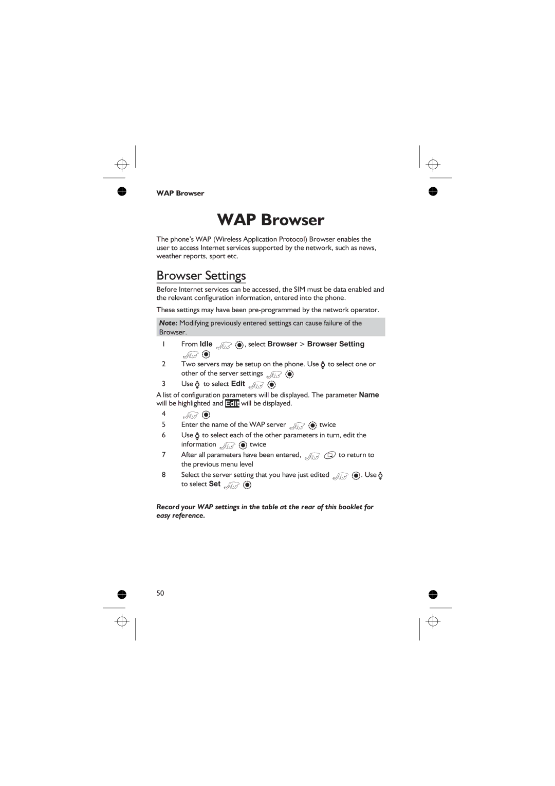 Panasonic EB-GD76 operating instructions WAP Browser, Browser Settings, From Idle Z Q, select Browser Browser Setting 