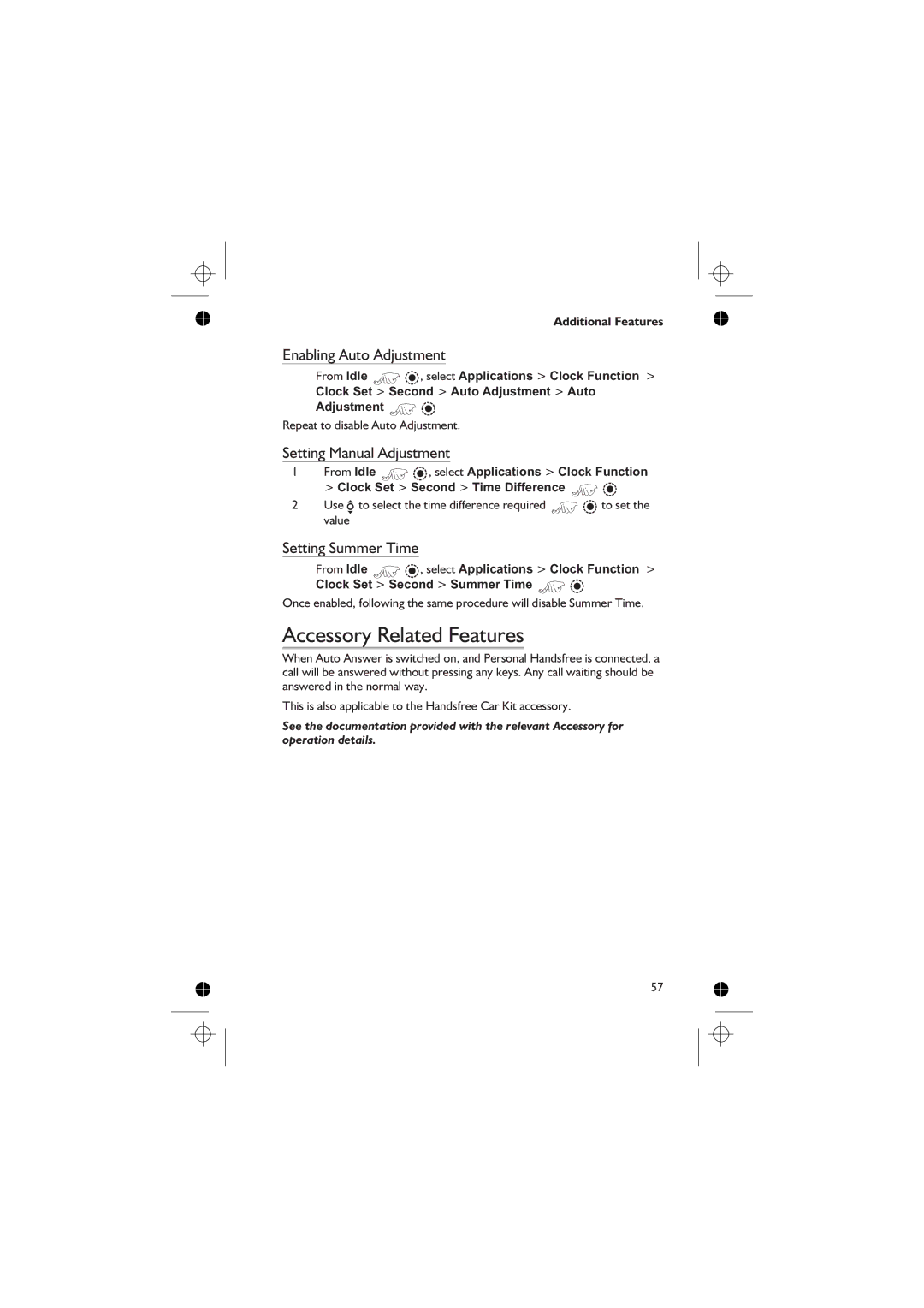 Panasonic EB-GD76 Accessory Related Features, Enabling Auto Adjustment, Setting Manual Adjustment, Setting Summer Time 