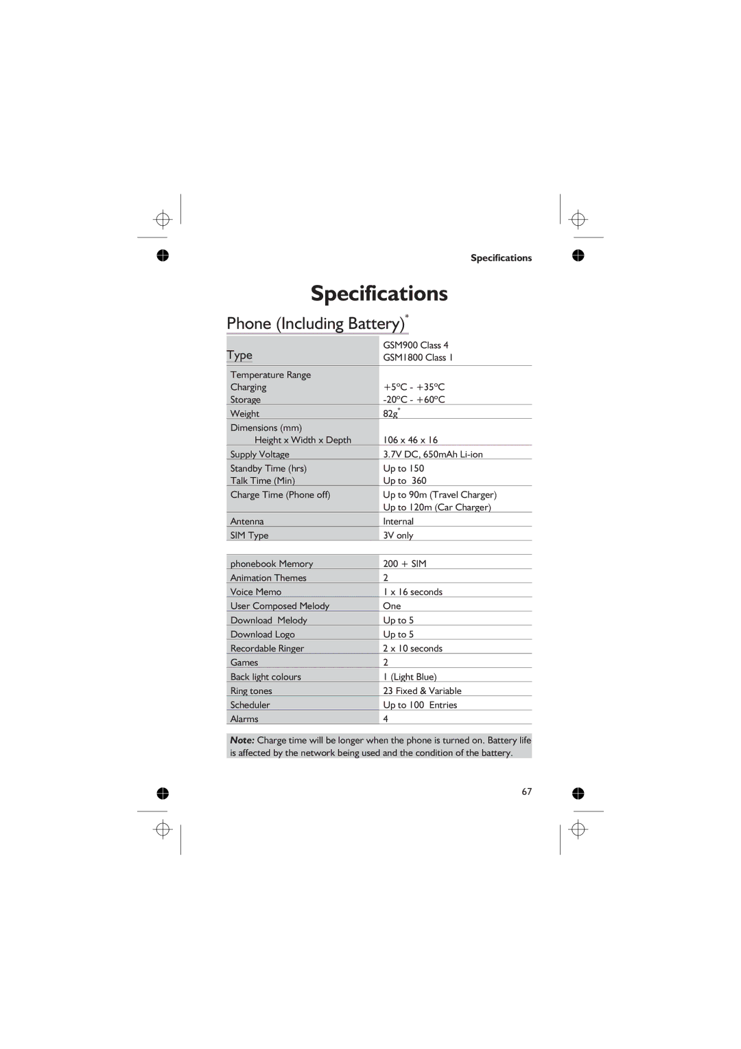 Panasonic EB-GD76 operating instructions Specifications, Phone Including Battery, Type 