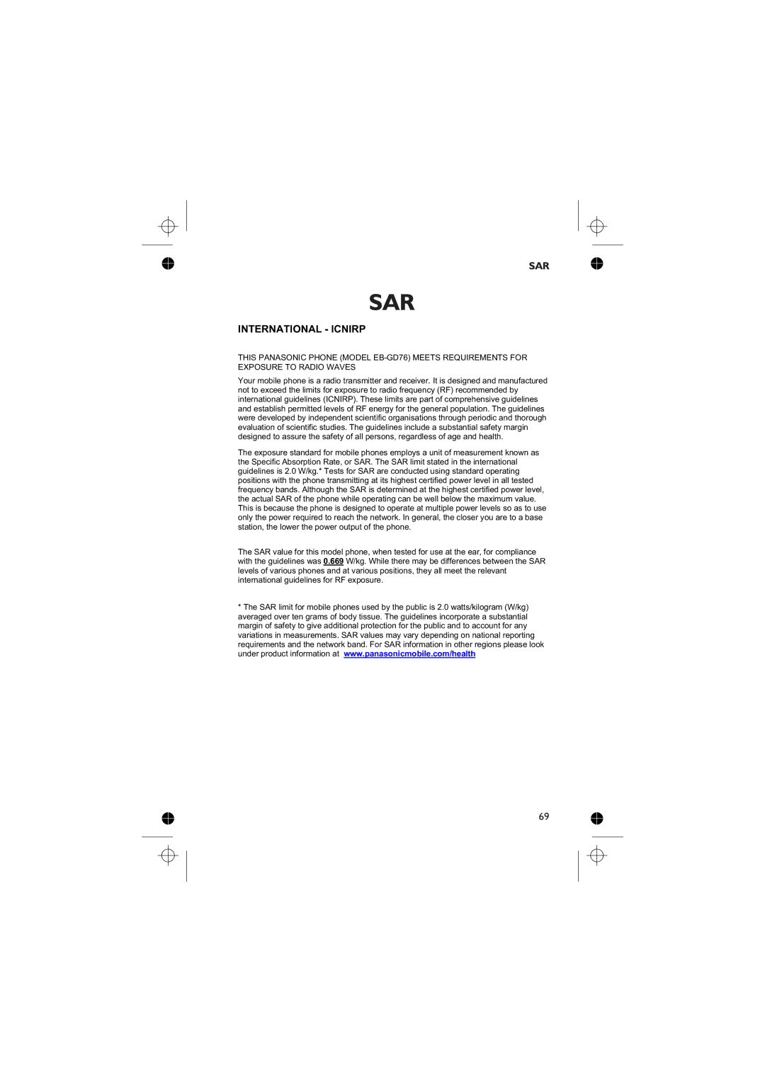 Panasonic EB-GD76 operating instructions Sar 